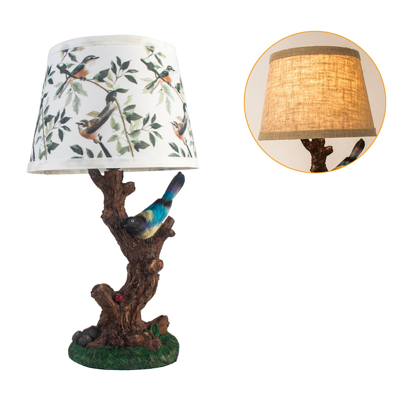 FIRVRE Classy Bird Table Lamp  Bedside Lamps with Fabric Linen Lamp Shade Resin Nightstand Lamp  Branches Decorative Desk Lamp for Bedroom Living Room  Home Office