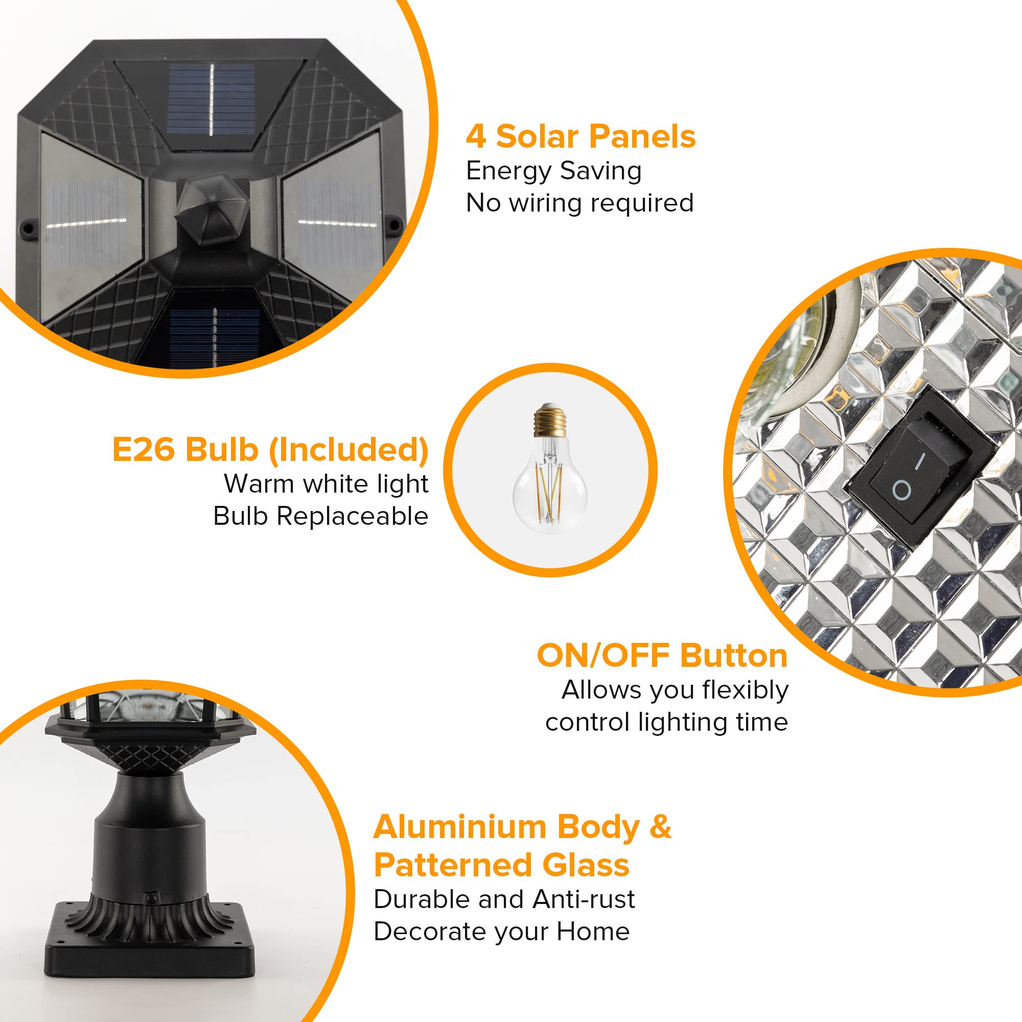 LUTEC Outdoor Solar Lamp Post Light, Waterproof with Patterned Glass, Black, Model 6906102012, Head+Base