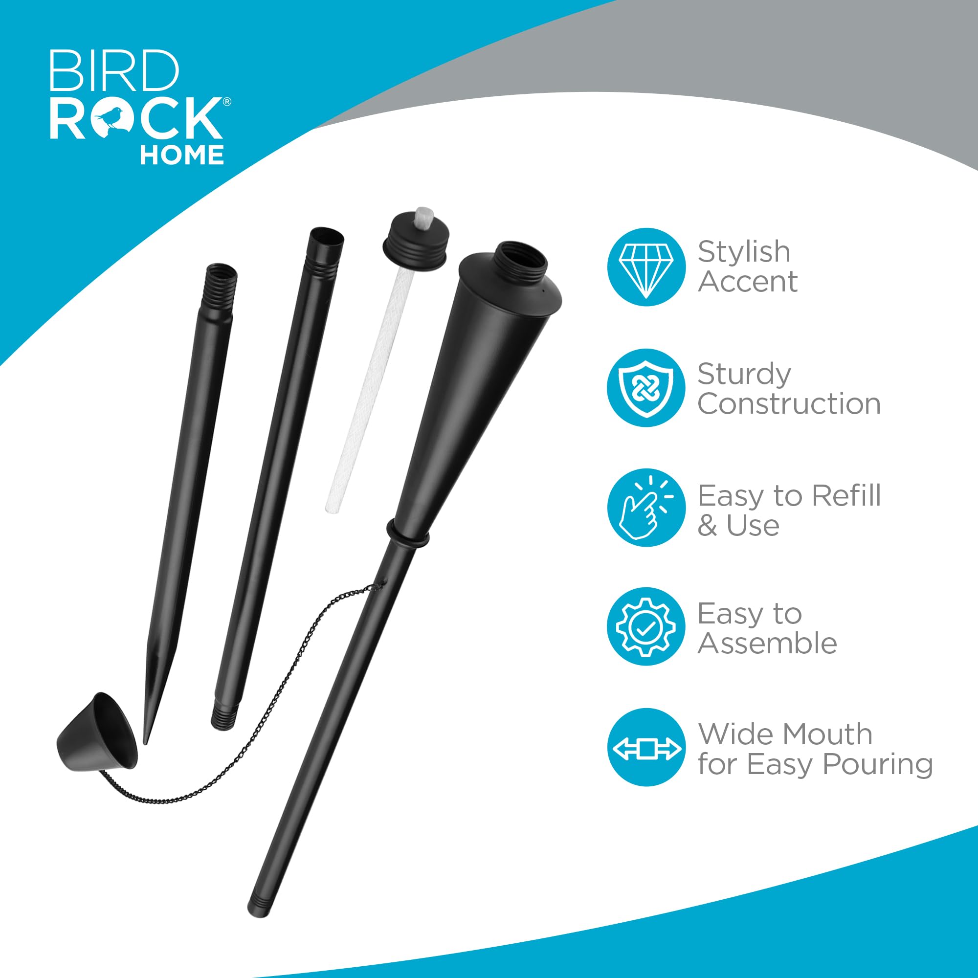 Birdrock Home Outdoor Torches - Durable, Weather Resistant, Citronella Compatible, 4 Pack