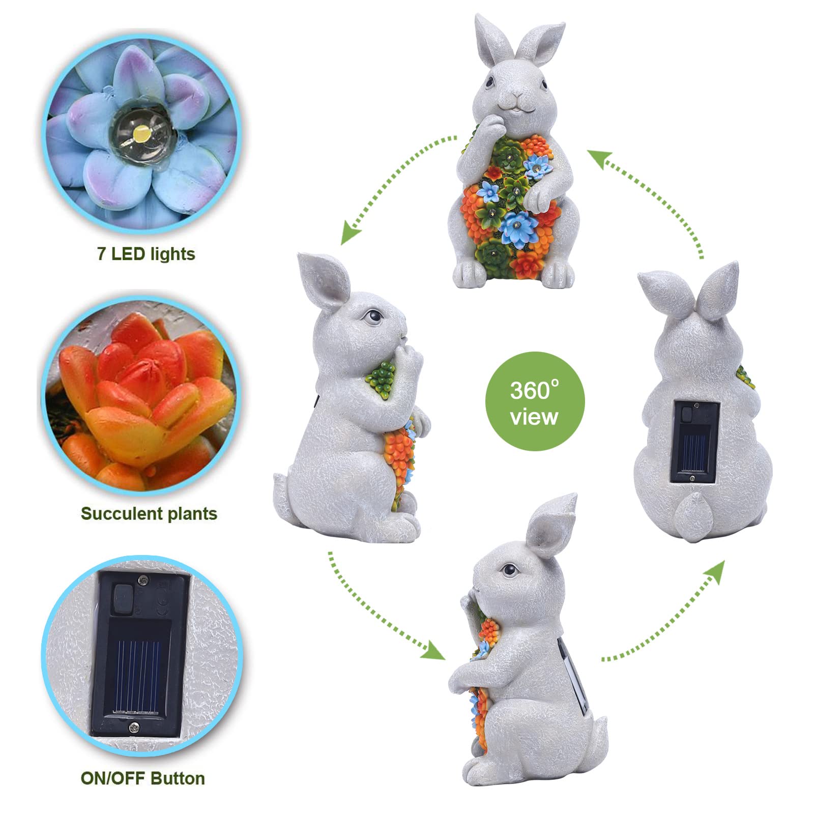 Nacome Solar Garden Bunny Statue With Succulent & Led Lights - Outdoor Lawn Decor, Light Grey