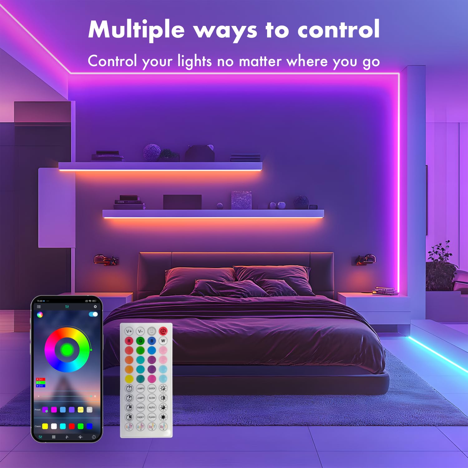 Silfu Neon Rope Lights, 50Ft Rgb Led Strip, Waterproof Ip67, Diy Design, Music Sync, 44 Keys Remote Control, Multiple Modes, For Living Room, Bedroom, Holiday Decoration