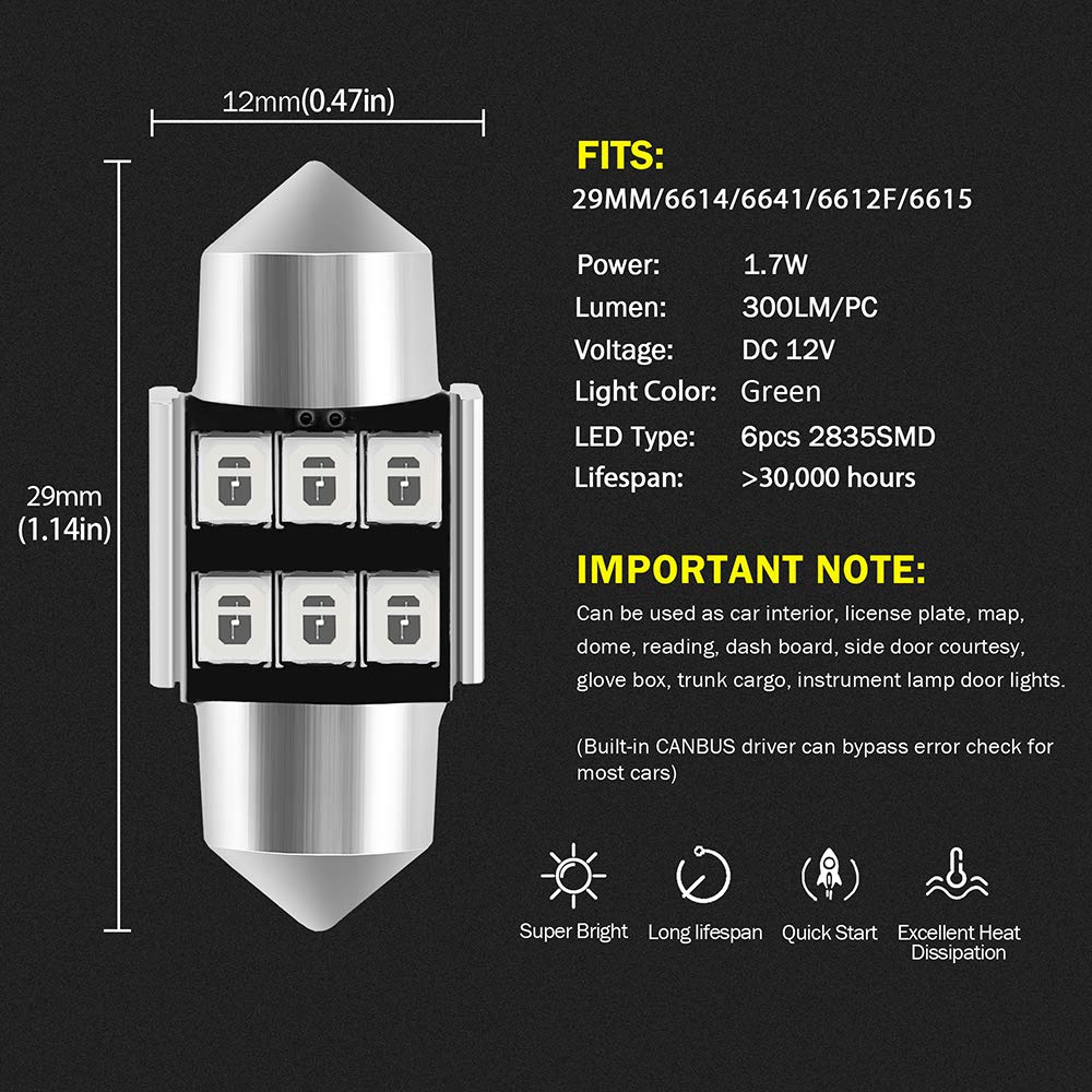 Auxlight 6614 6641 6612F 6615 F30-Whp Ts-14V1Cp 29Mm 1.14   Festoon Led Interior Light Bulbs Green, Super Bright 6Smd Chips For