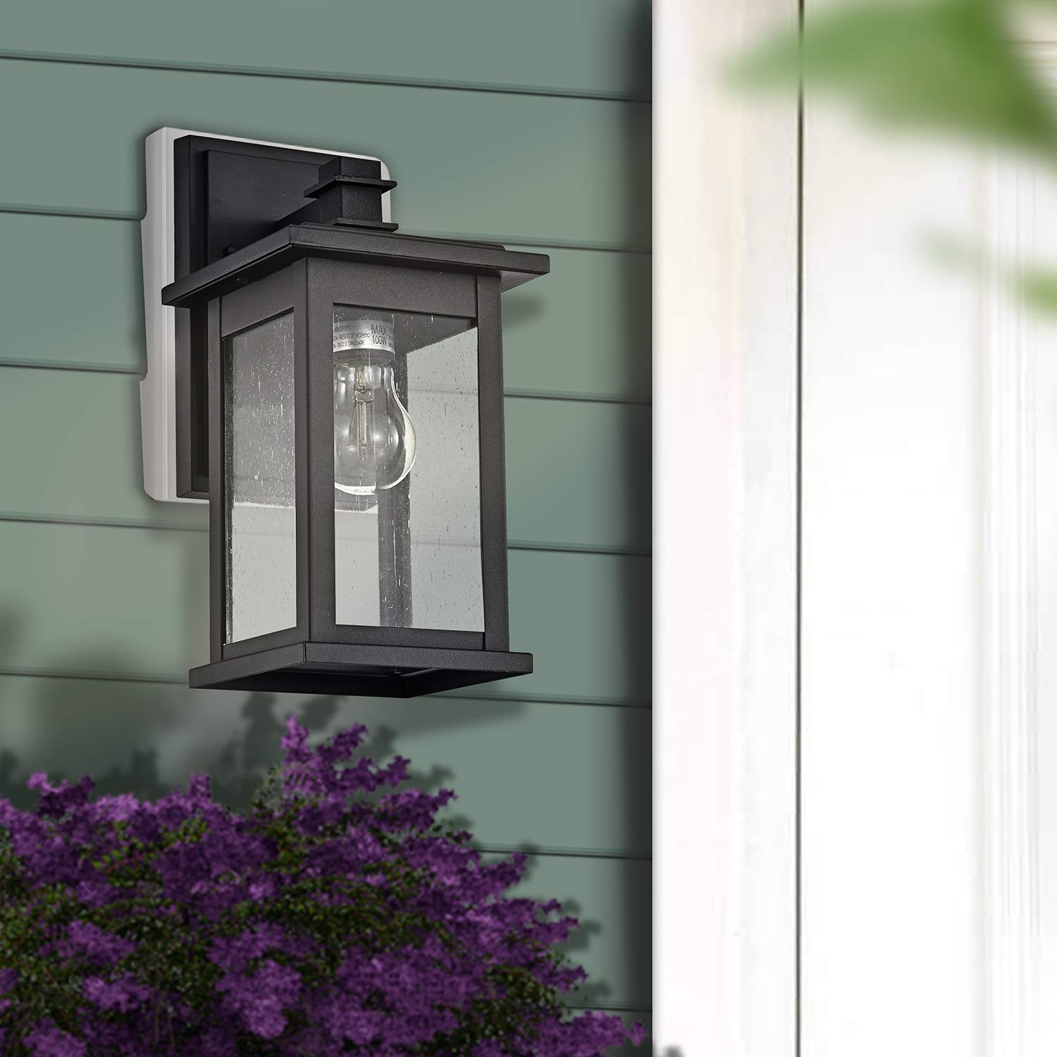 MICSIU Black Outdoor Wall Lantern Light Fixture, 12in H, Metal, Clear Seedy Glass, Model A19007