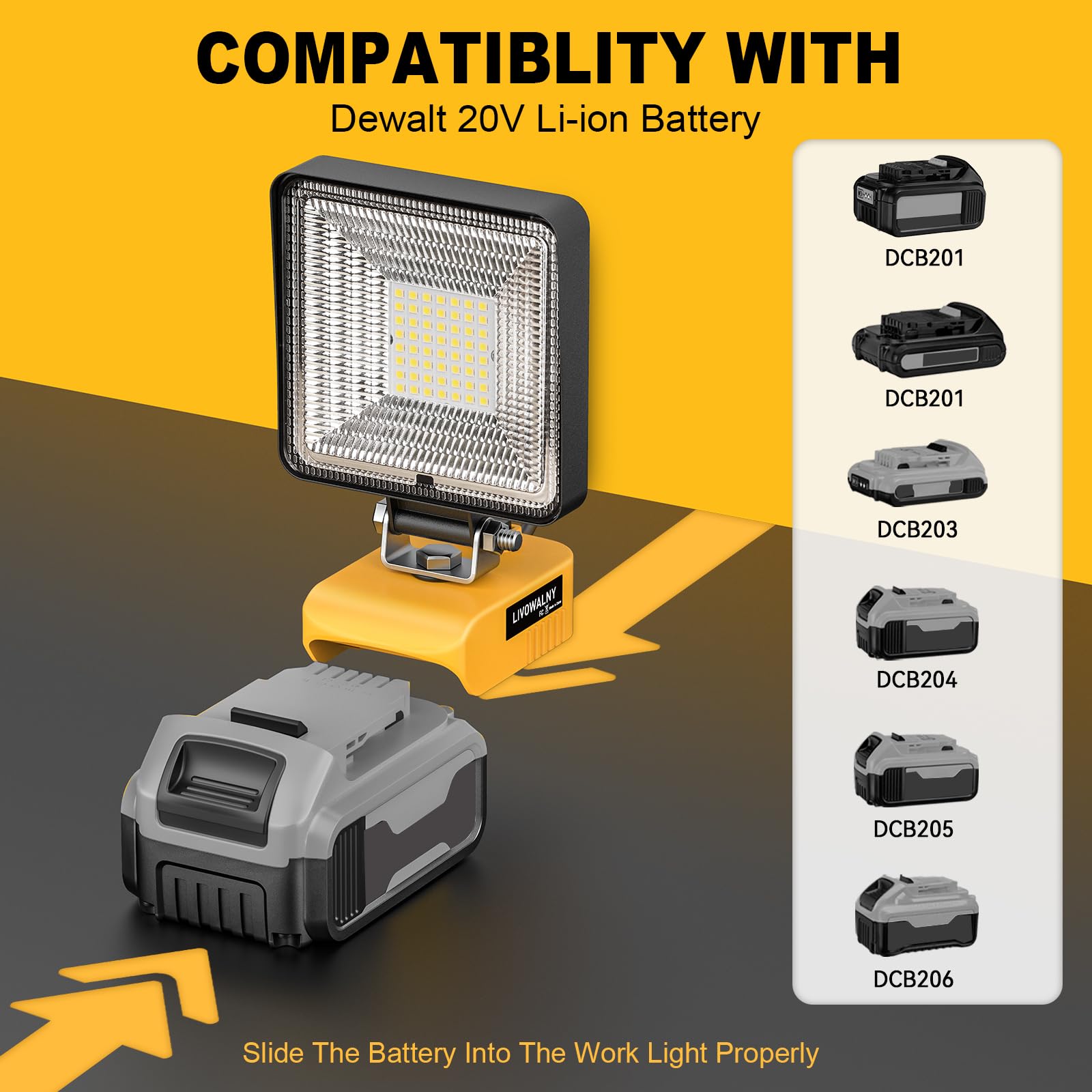 Livowalny Cordless Flood Work Light For Dewalt Light 20V Max Led, 27W 2700Lm Battery Light For Dewalt Tools In Camping, Outdoor Lighting (Battery Not Included)