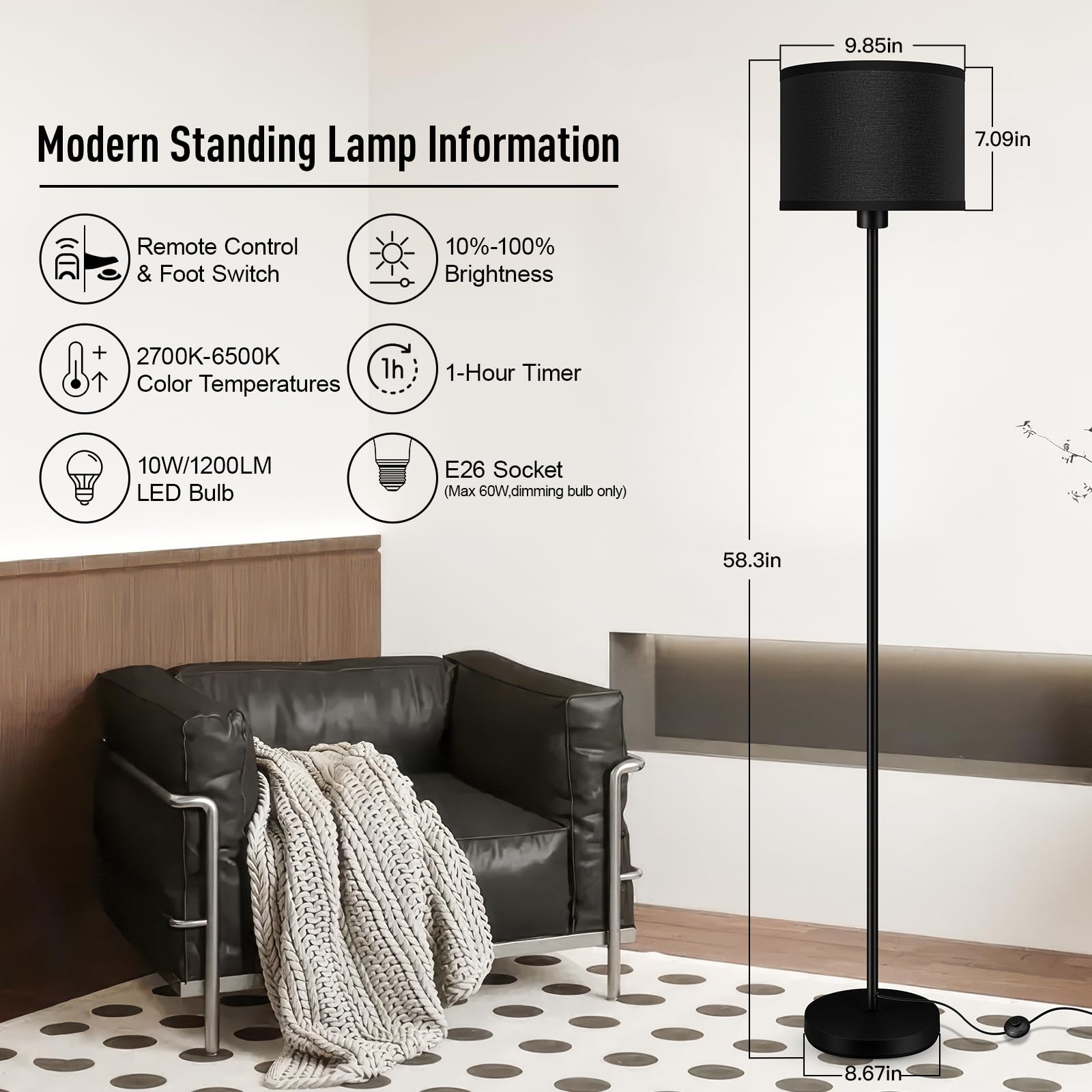 Bricosmocon Floor Lamp, 10W/1200LM, Stepless Dimmable, 2700K-6500K, Black, Modern Design for Living Room/Bedroom/Office