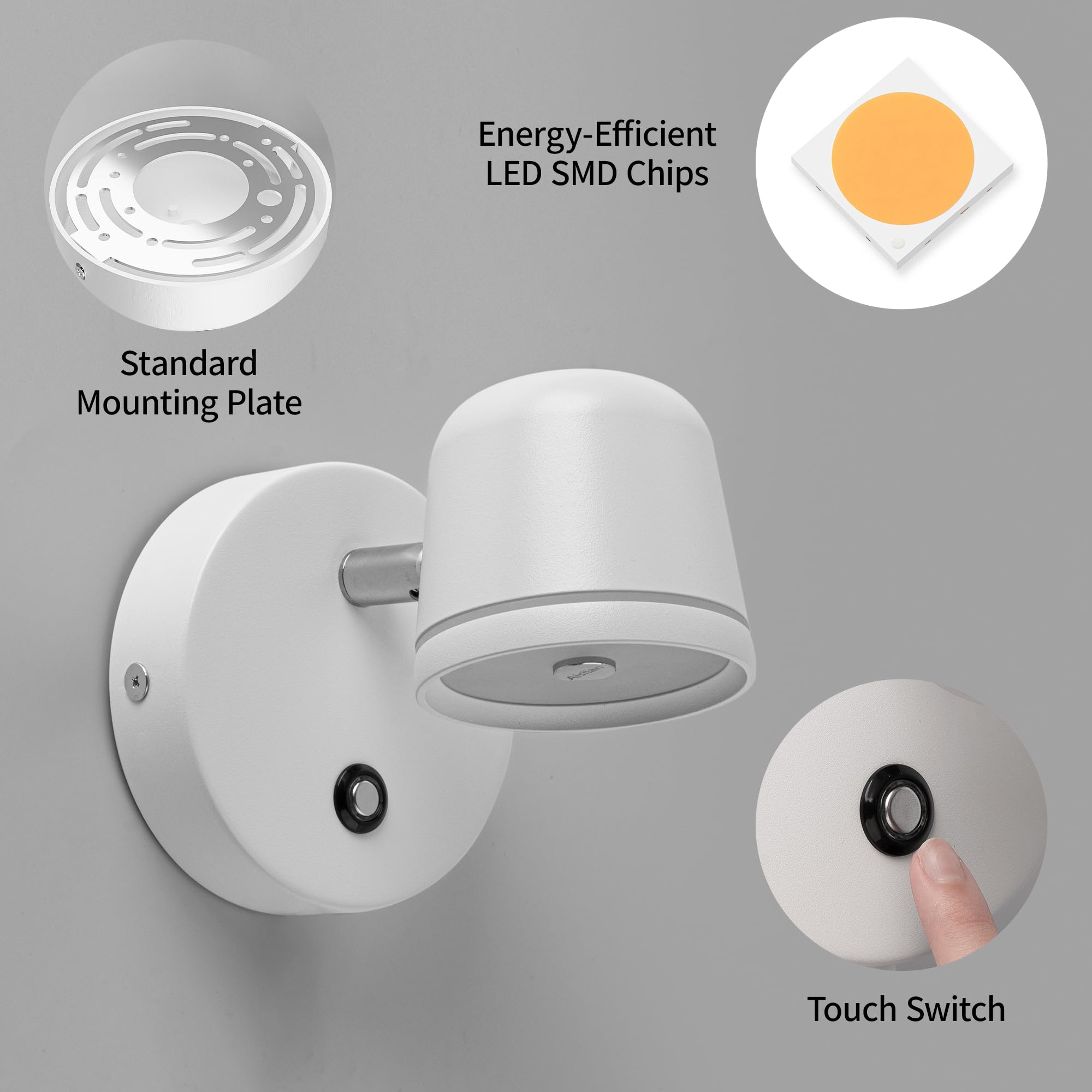 Aisilan Wall Sconces Set Of Two With Switch Dimmable 7W Sconces Wall Lighting Modern White Bedroom Wall Mounted Light Adjustable