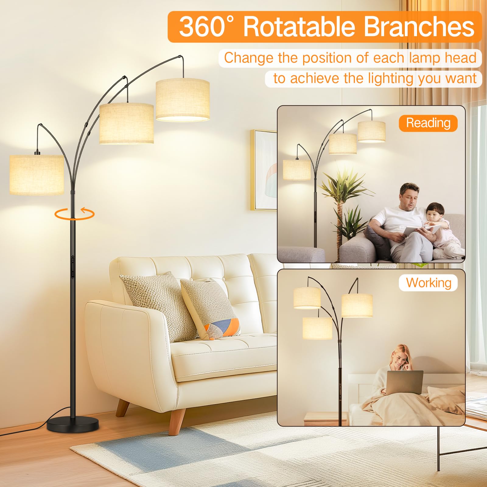 Outon Arc Led Floor Lamp With Remote & Touch Control, Dimmable Modern Black 3 Light Arched Tall Floor Lamp, Mid Century Adjustab