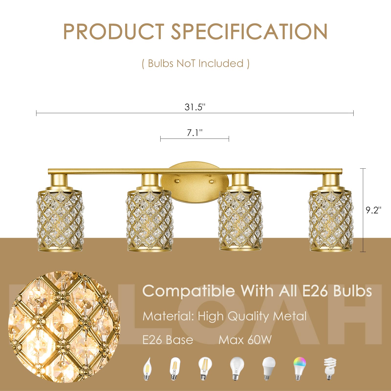 Niloah 4 Light Gold Vanity Light Fixtures, Modern Farmhouse Vanity Light, Bathroom Lights Over Mirror,Crystal Vanity Lighting Fixtures For Bathroom,Powder Room