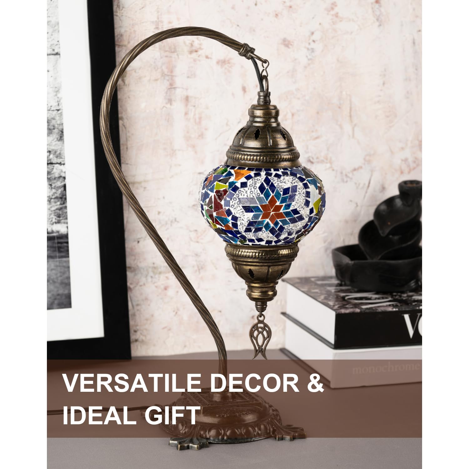 Kafthan Turkish Mosaic Lamp – Handmade Glass Bedside Lamp, Antique Brass Base, 16.14 inches, Red & Navy Center Star, Model ASNML50383