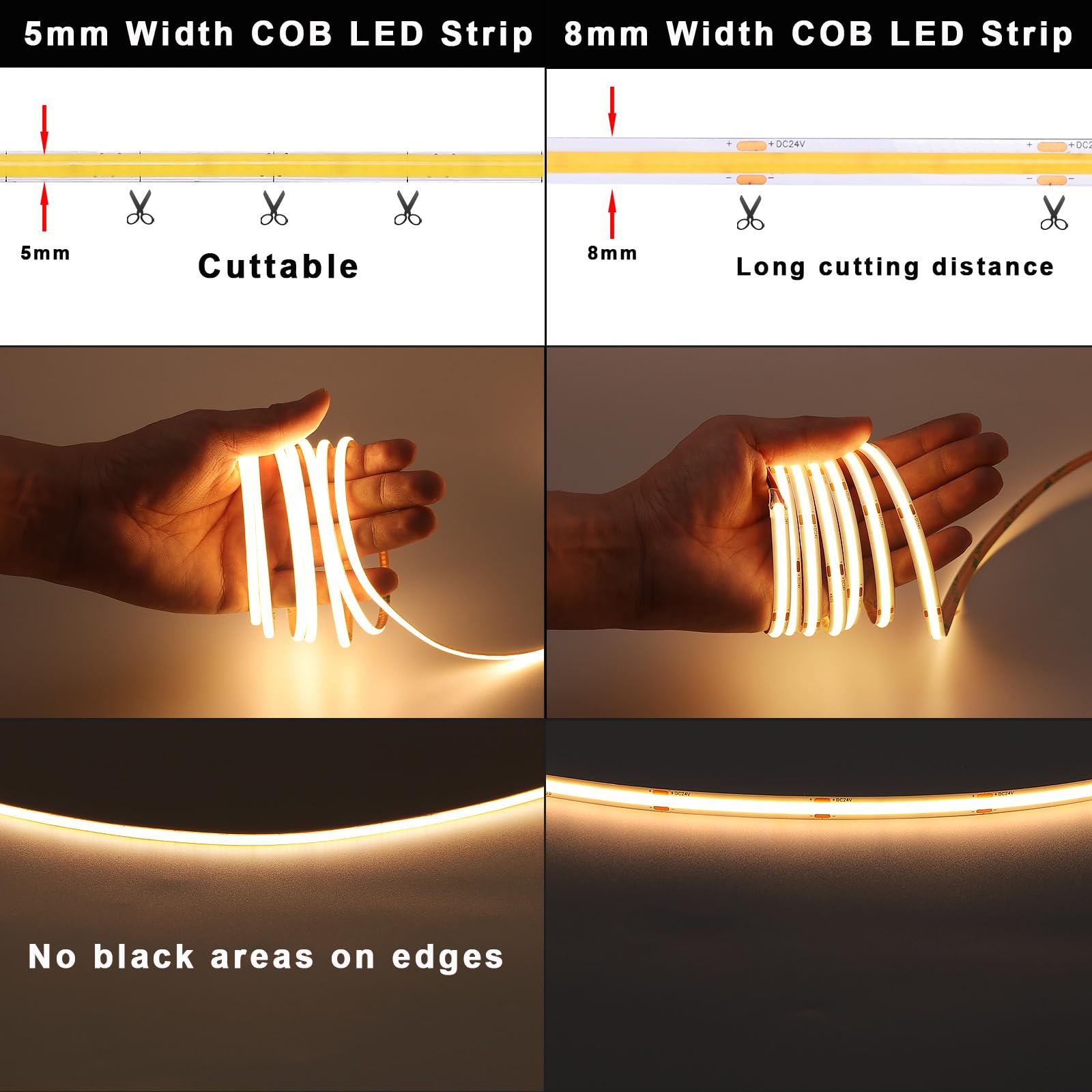 Topai 12V Thin 5Mm Cob Led Strip Light 3000K Warm White 16.4Ft Bright 4000Lm Cri>90 Uniform Dotless 400Leds/M Adhesive Flexible