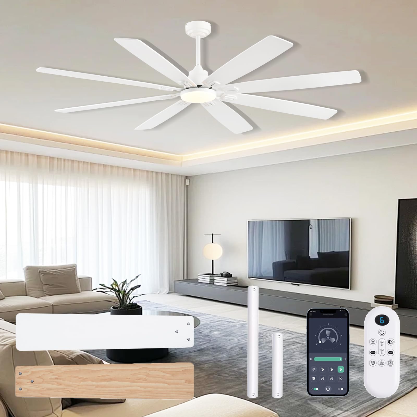 JSAITEE Ceiling Fan with Light and Remote/APP Control, 72 inch Large Low Profile Ceiling Fans for Living Room Patio, Quiet DC Re