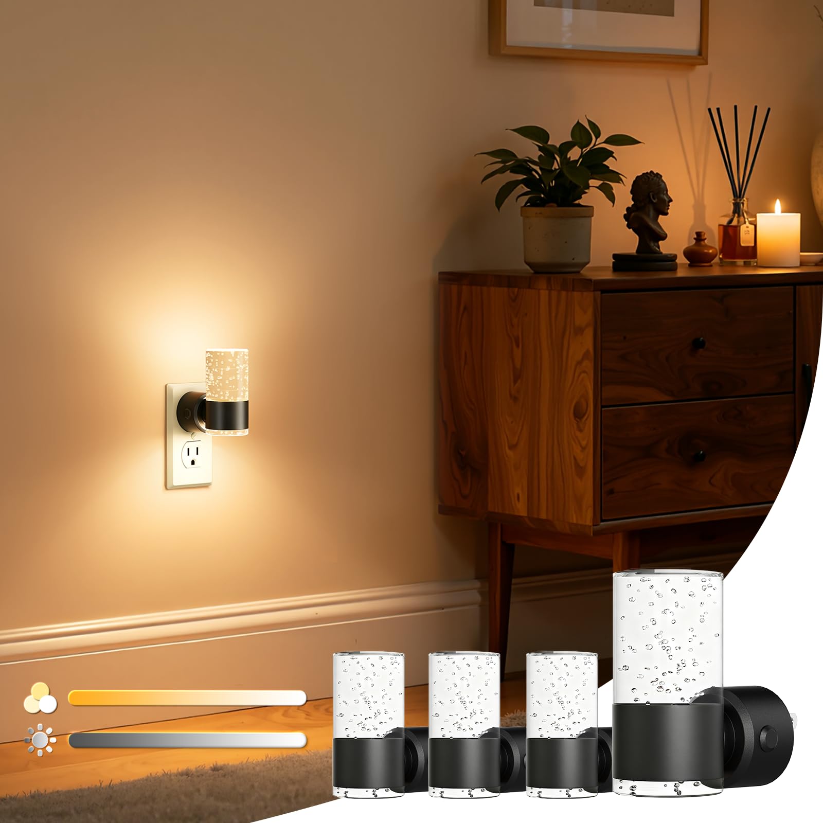 VOLISUN LED Night Lights Plug into Wall  Dimmable Night Light 3 CCT & 5 Brightness Levels  Acrylic Bubble Nightlight with Dusk to Dawn Sensor for Hallway  Bathroom  Stair  Nursery Black 4 Pack