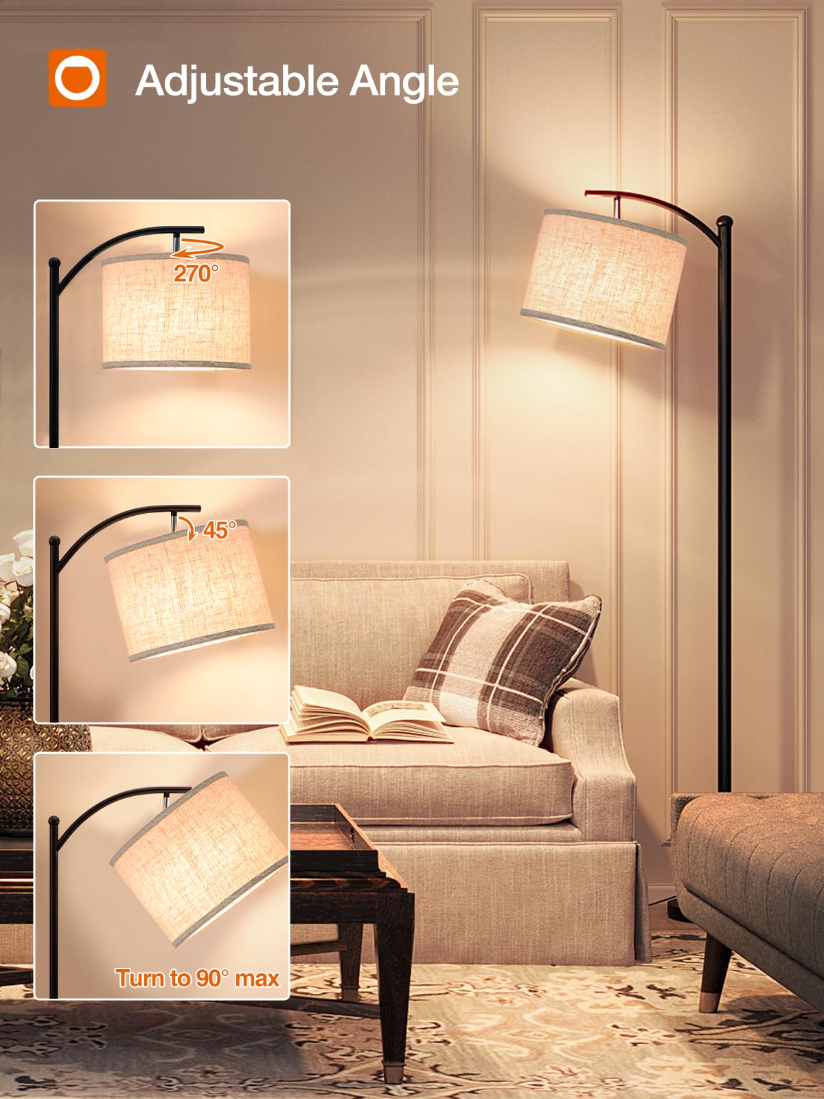 addlon Floor Lamp - Dimmable Remote Control Standing Lamp with Linen Shade, 9W LED Bulb Included, Black & Beige, Model YY-03