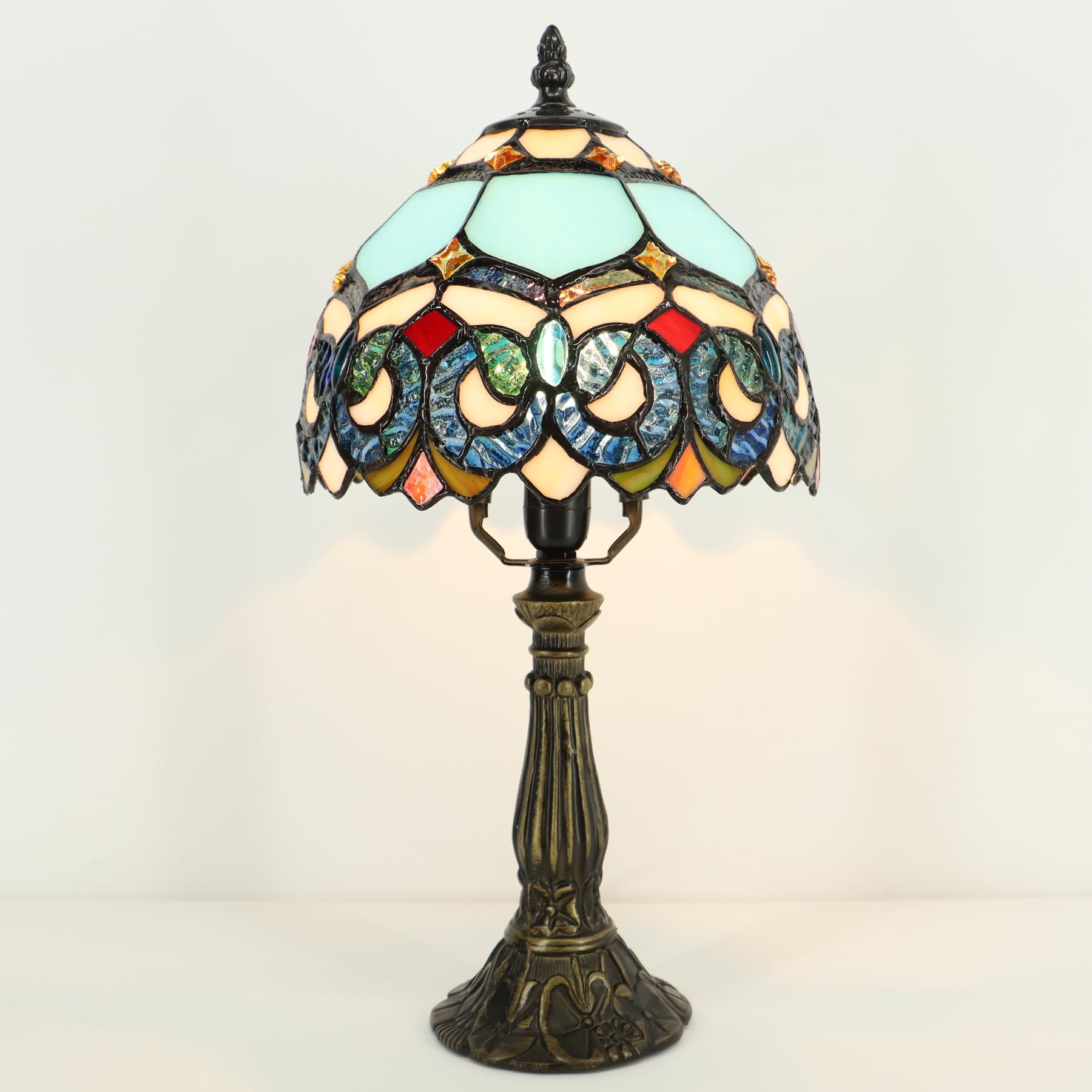 Lxhcyou Small Tiffany Lamp Mini Accent Table Lamp Stained Glass Desk Memory Lamp Sympathy 8X14.5 Inch (Sapphire Style)