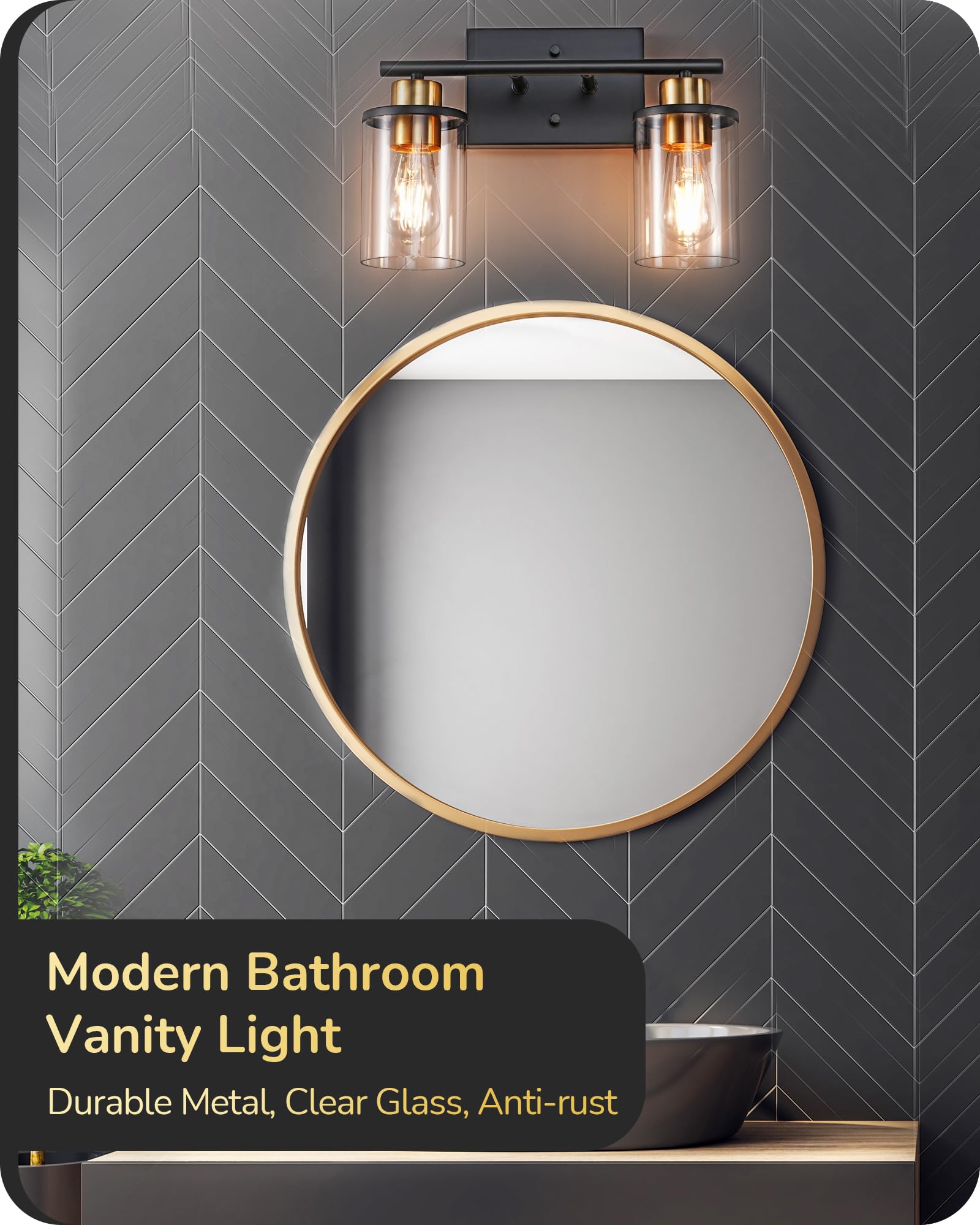 EDISHINE 2-Light Bathroom Vanity Light Fixture, Metal, Black and Gold, Model HHVL04J, Clear Glass Shade