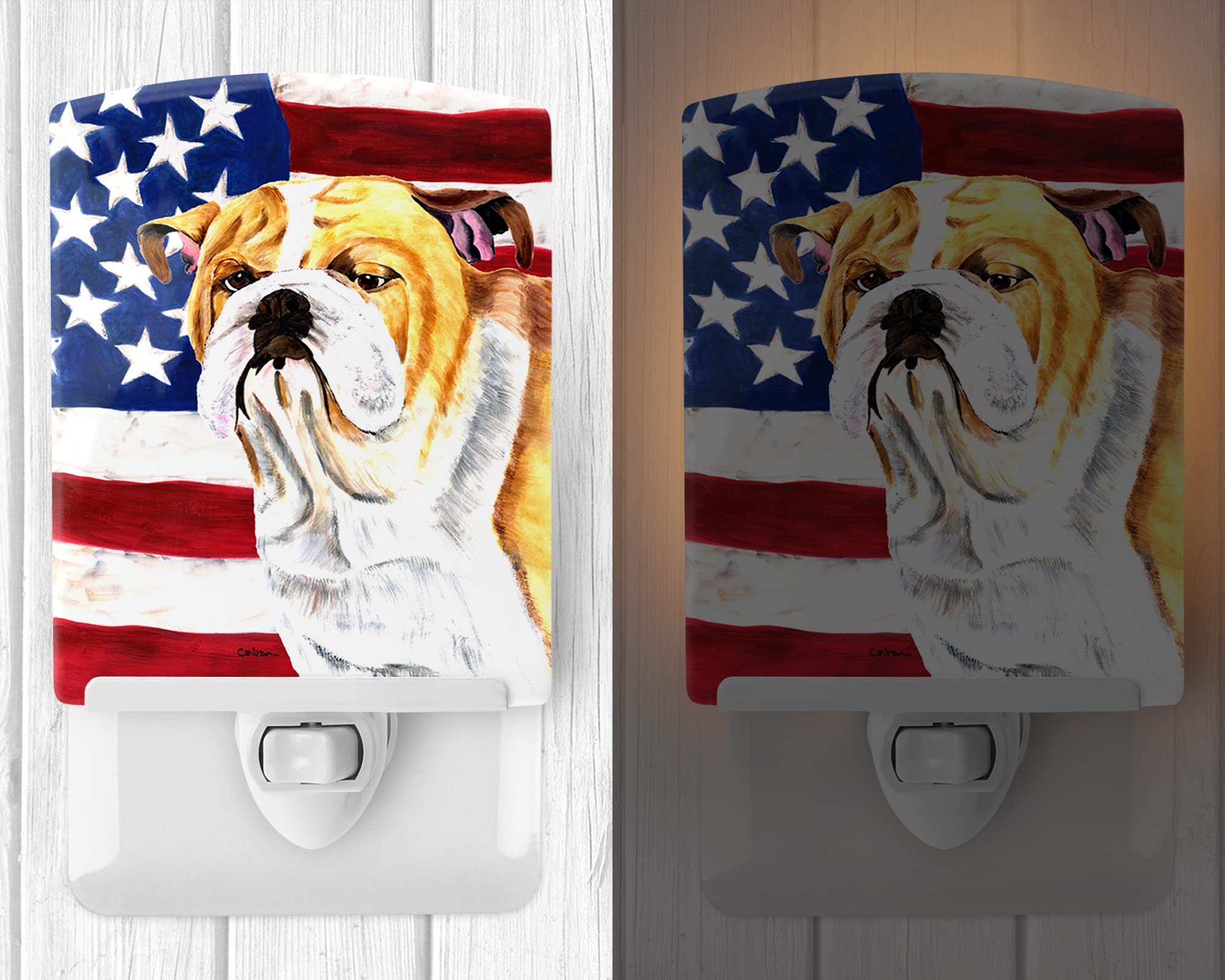 Carolines Treasures Ceramic Night Light, Bulldog English, 6x4x3in, Model SC9002CNL, USA American Flag Design, Ideal for Bedroom/Bathroom