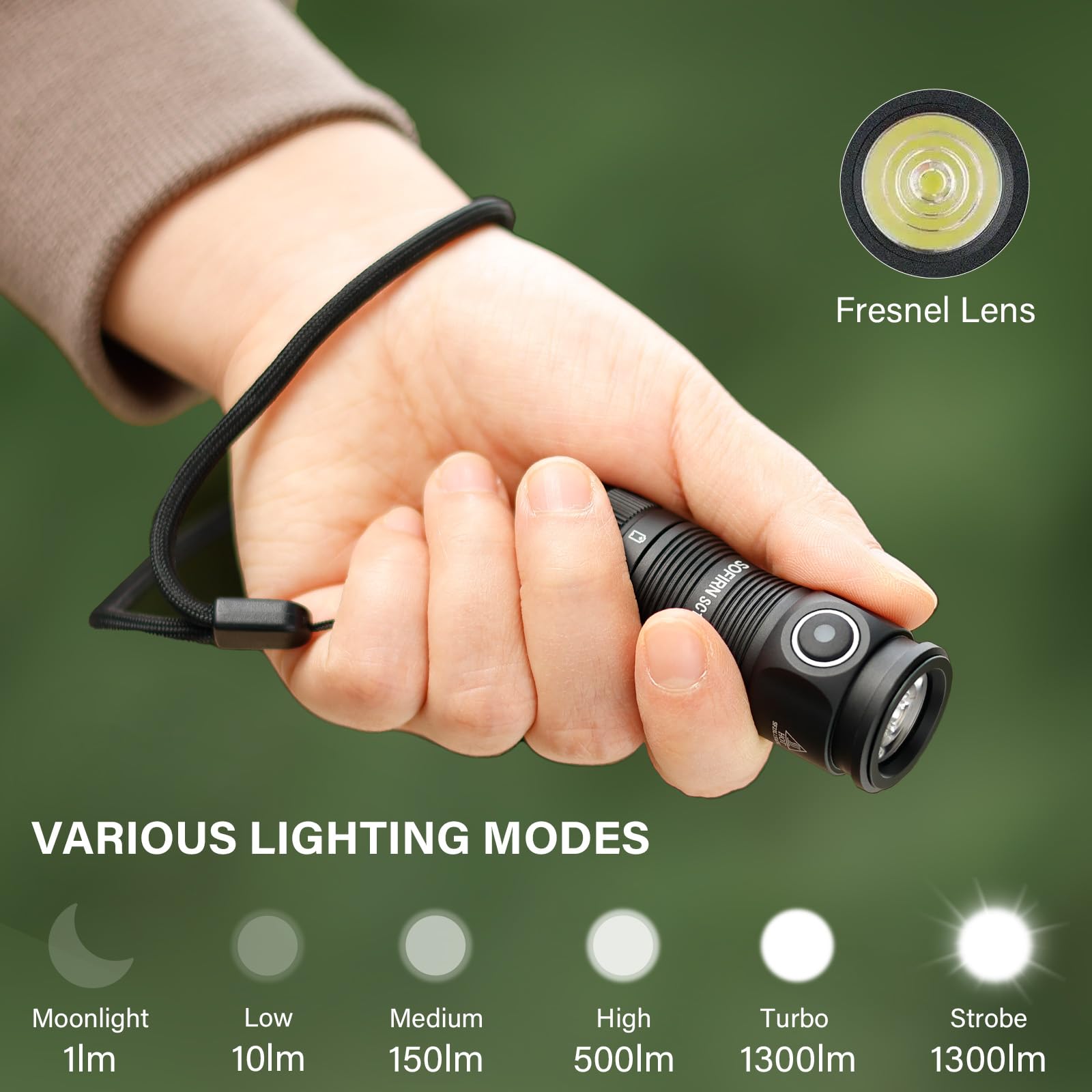 sofirn SC13 LED Small Flashlight, 1300 Lumens USB C Rechargeable, IPX8 Waterproof, Black Mini Keychain Light for Camping & EDC