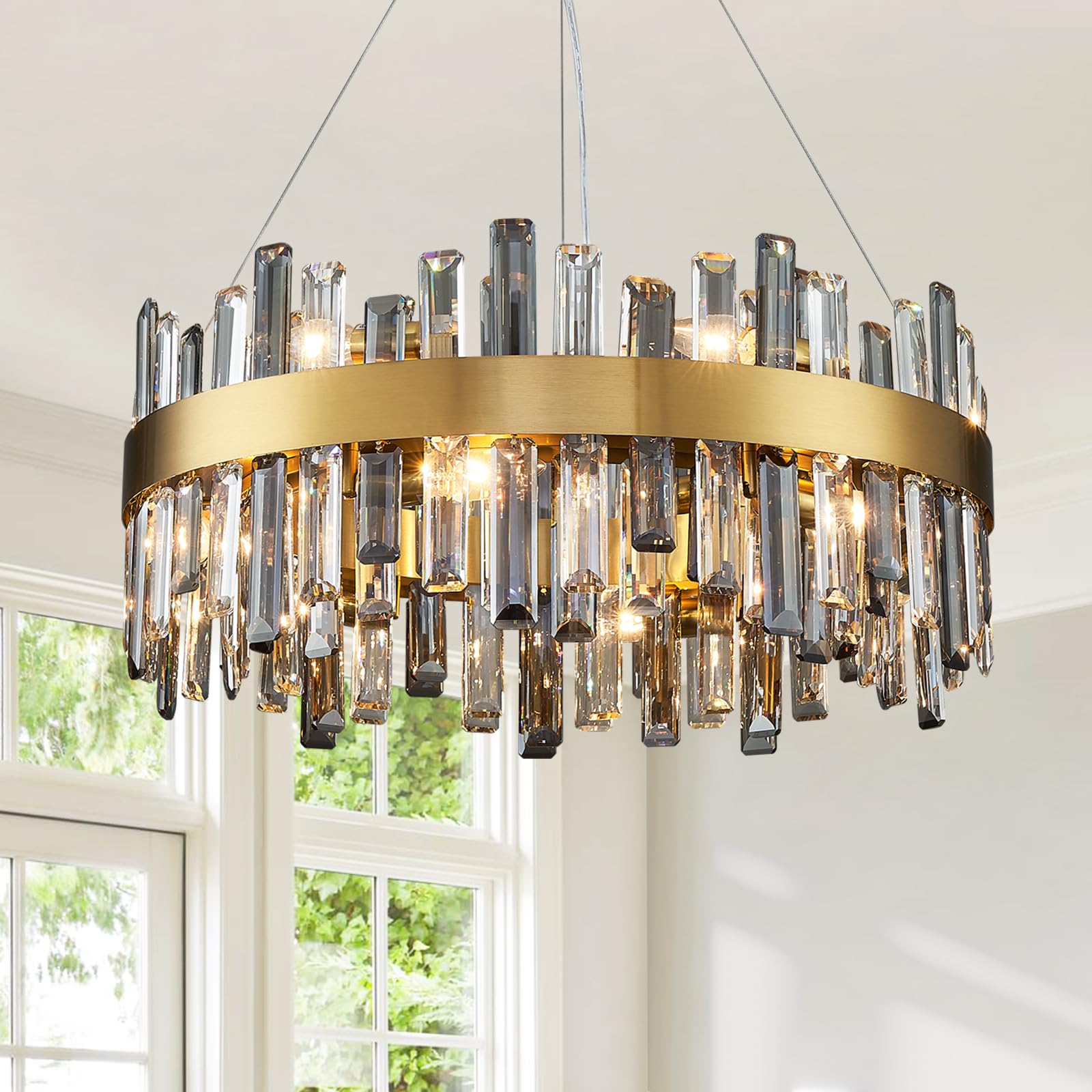 Siljoy Modern Crystal Chandelier, 12 Lights, Brass Gold, Round D23.6in , Clear & Grey Crystal, Model FSK0608