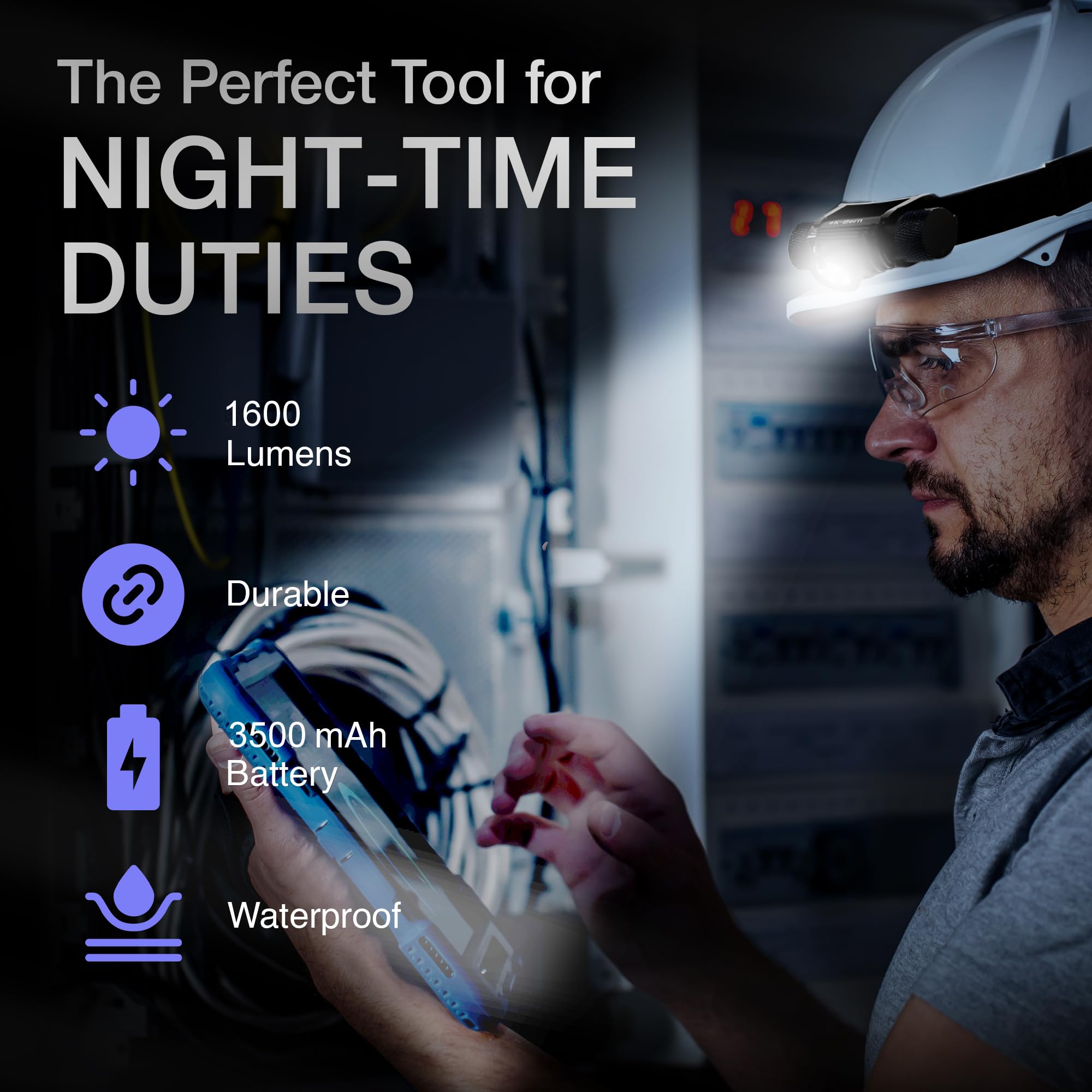 K-Bern Rechargeable Headlamp - 1600 Lumen, Waterproof, Lightweight Aluminum, 3500mAh Battery, Model KBHL-7002-3500