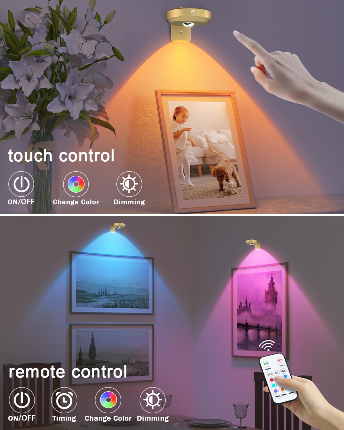 Willed Wireless Picture Lights For Wall,Puck Lights With Remote,1200Mah Rechargeable Battery Operated Wall Lights,9Rgb Colors,Di