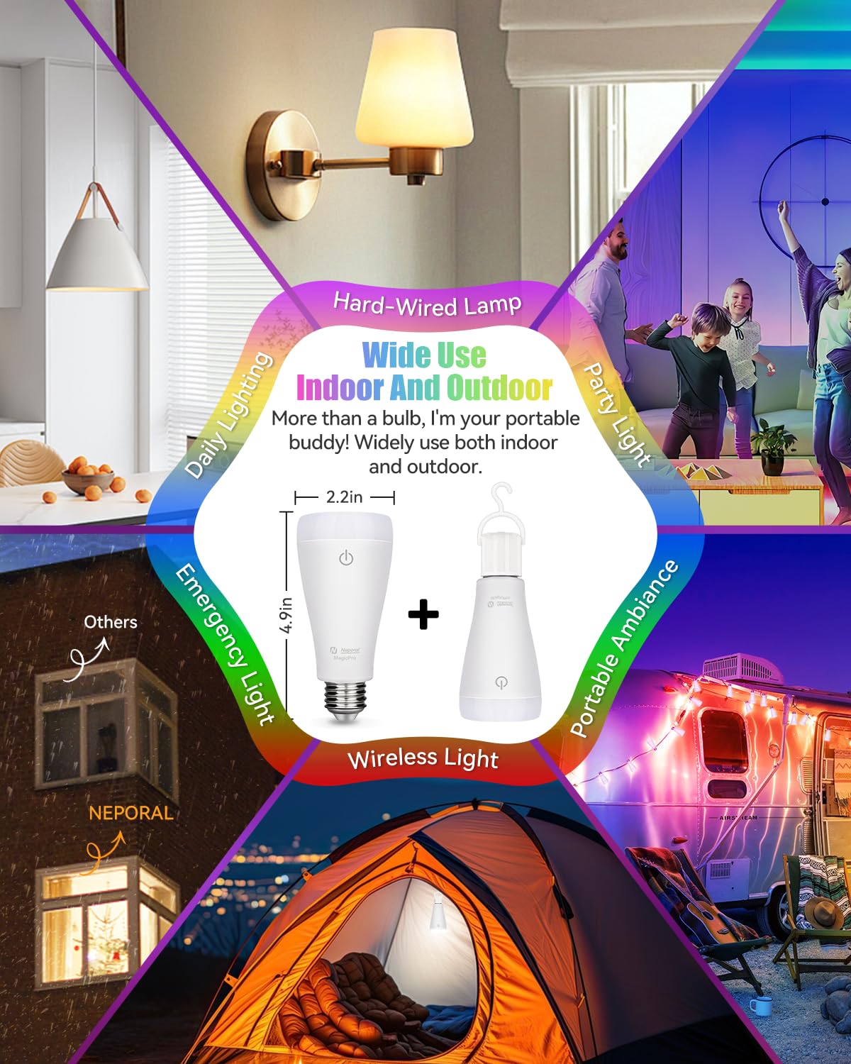 Neporal Magixpro Rechargeable Light Bulbs With Remote, Socket/Usb Rechargeable, 2H Fast Charge & 4-50H Lights Up, 9-Color Shift