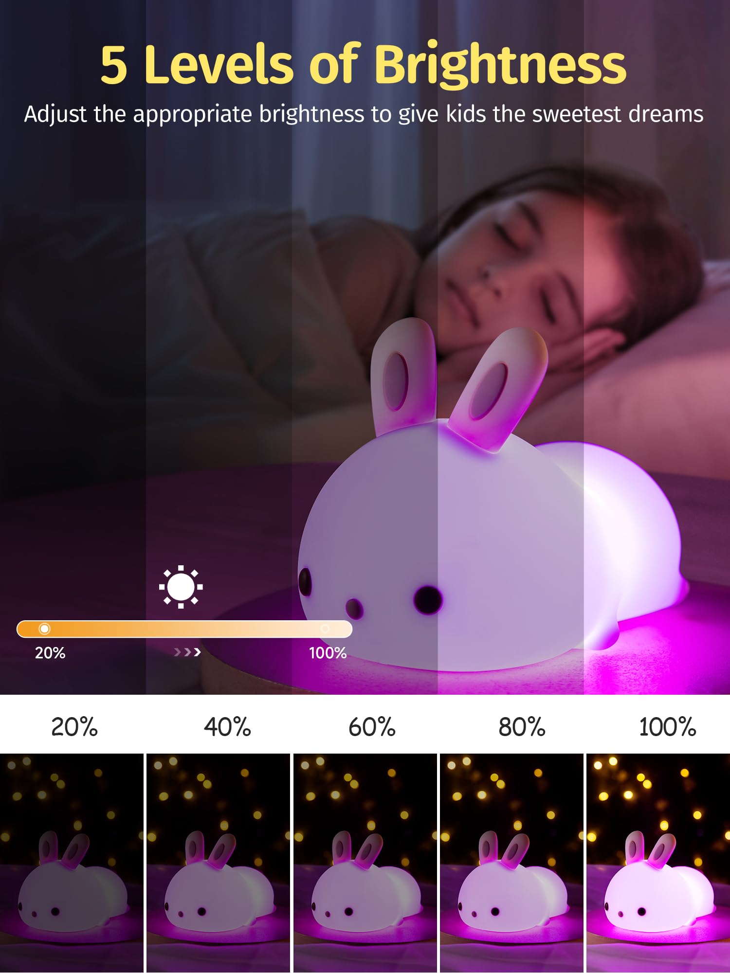 Mubarek Bunny Night Light for Kids - 16 Colors, Remote Control, Dimmable, 1800mAh, 100% Safe Lamp