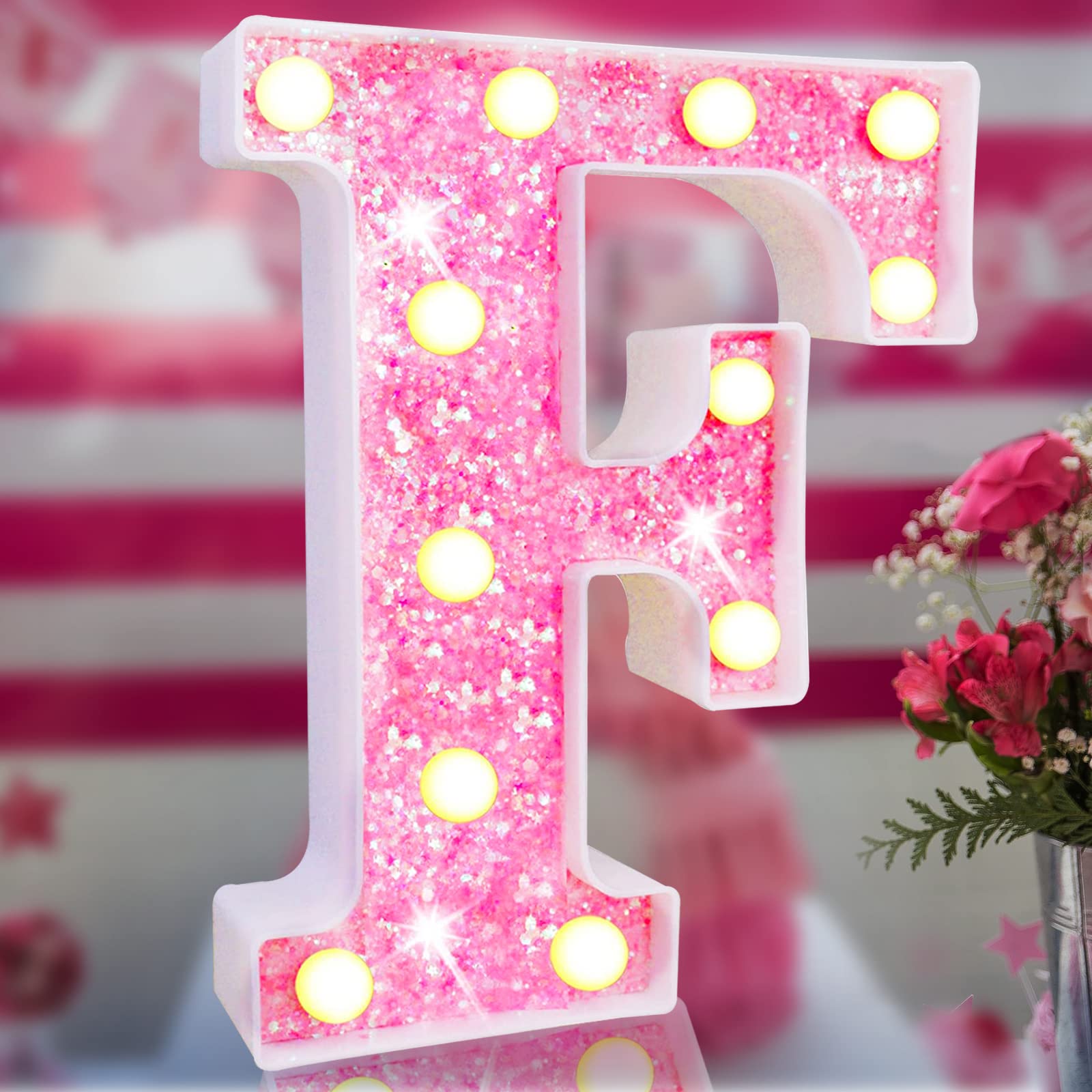 Elnsivo Pink LED Marquee Letter Light Sign, Glitter Alphabet, Battery Powered for Bedroom, Party, Wedding, Christmas Decorations