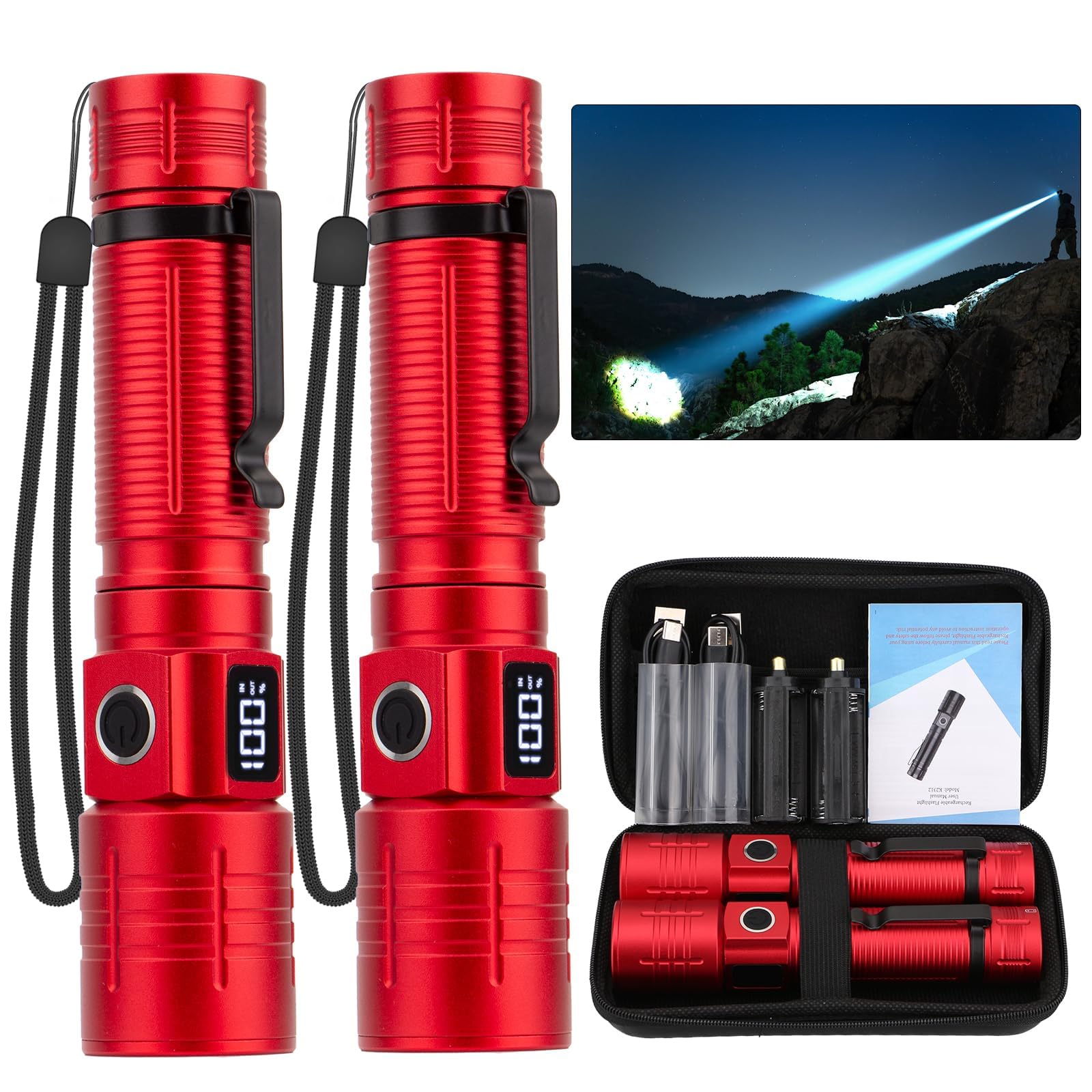 NetCan LED Flashlight, High Lumens, Rechargeable, Waterproof, 6 Modes, Aluminum, 2 Red, Black, Model K2312