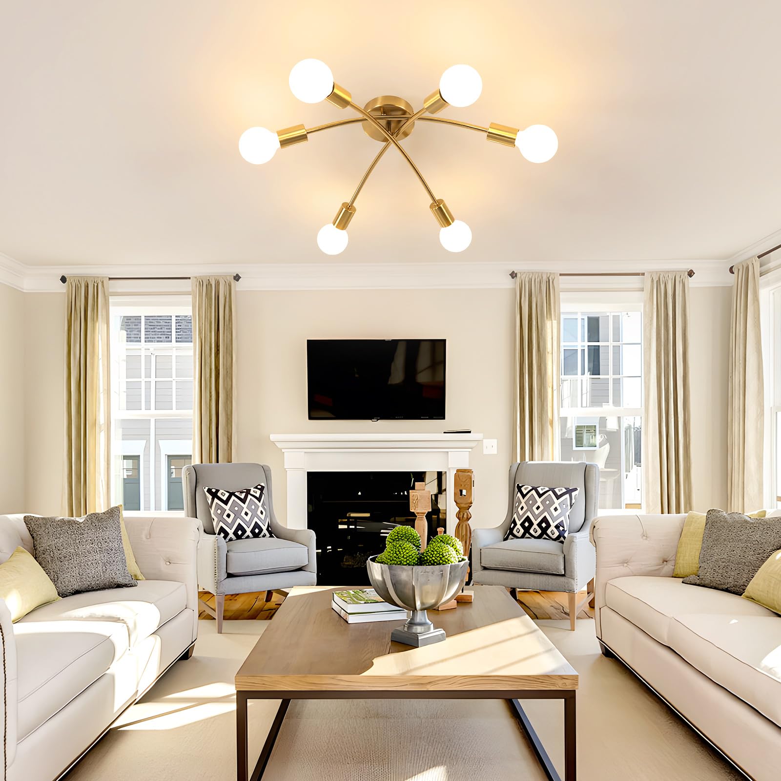 Tealight Gold Sputnik Ceiling Light Fixture  Modern 6-Light Sputnik Chandelier With 350 Rotatable Arms  E26 Bulb Compatible For Living Room  Bedroom  Dining Room - Stylish Home Decor Lighting