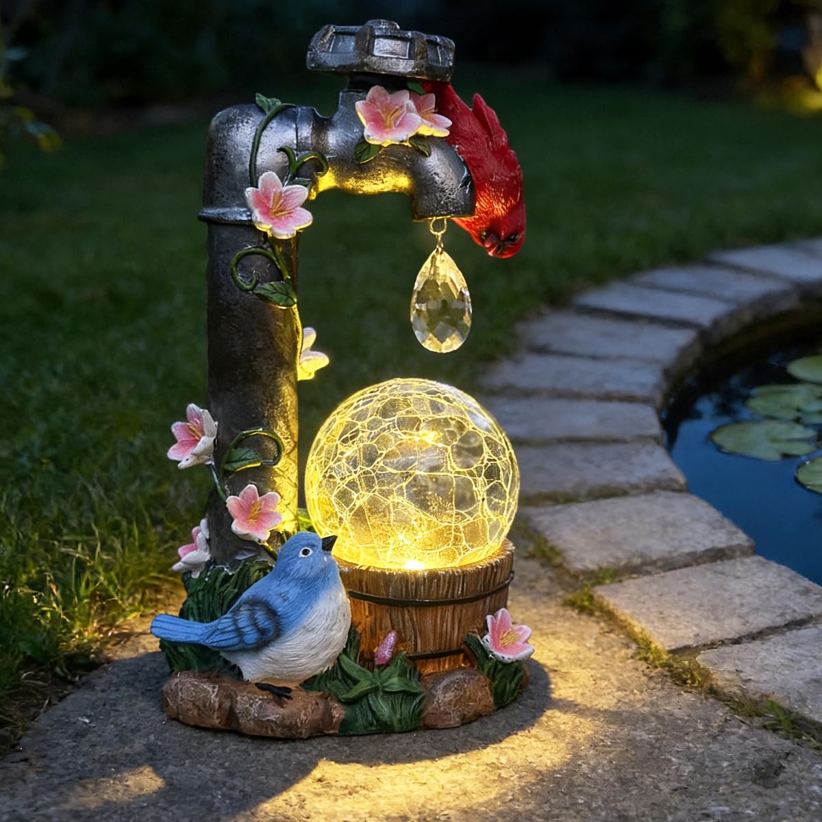 ZYLiWoo Solar Cardinal Garden Statue Decoration, Water Faucet and Solar Light Glass Ball, Outdoor Resin Garden Statue, Cardinal 