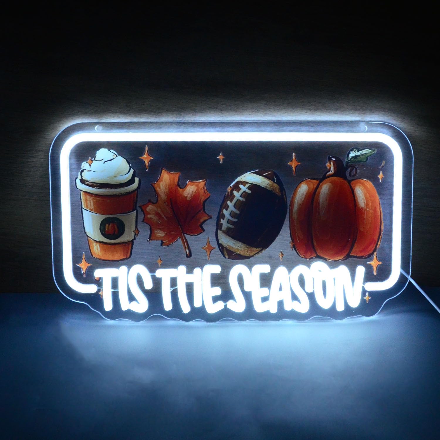 Tis The Season Neon Lights Latte Coffee Maple Leaf Football & Pumpkin Led Sign Inspirational Led Wall Art For Christmas Halloween Thanksgiving Sports Fan Cave Fall Decor Home Bar Or Cafe