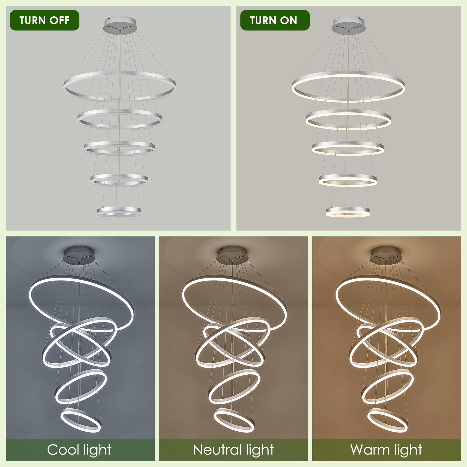 Benkut Modern LED Chandelier, 5 Rings, Silver, Dimmable, 3000K-6500K, Model P60-5SDC1, for Foyer/Dining