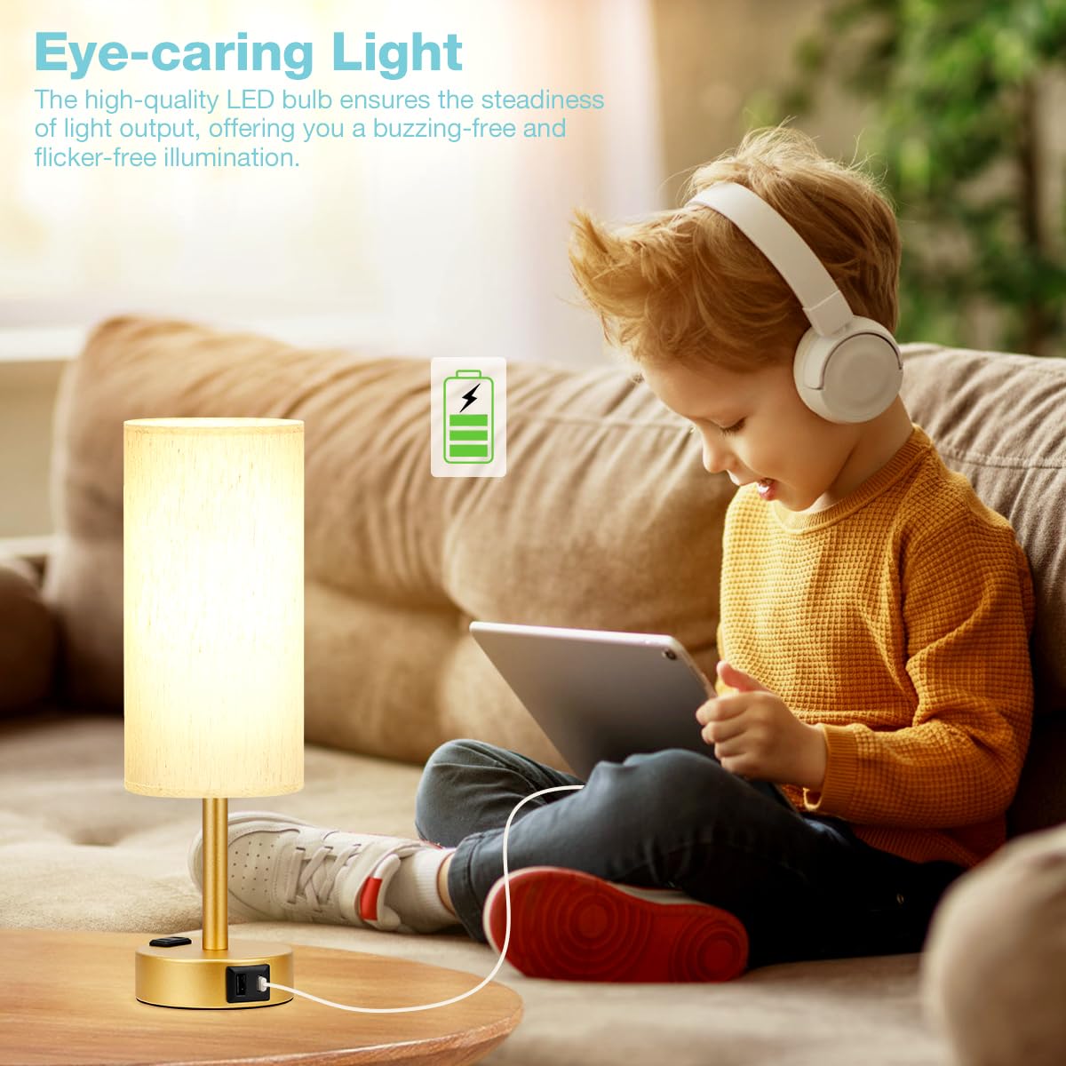 Fenmzee Gold Nightstand Lamp - 3 Way Dimmable Touch Control, 14" Cream Linen Shade, USB C Charging, LED Bulb Included