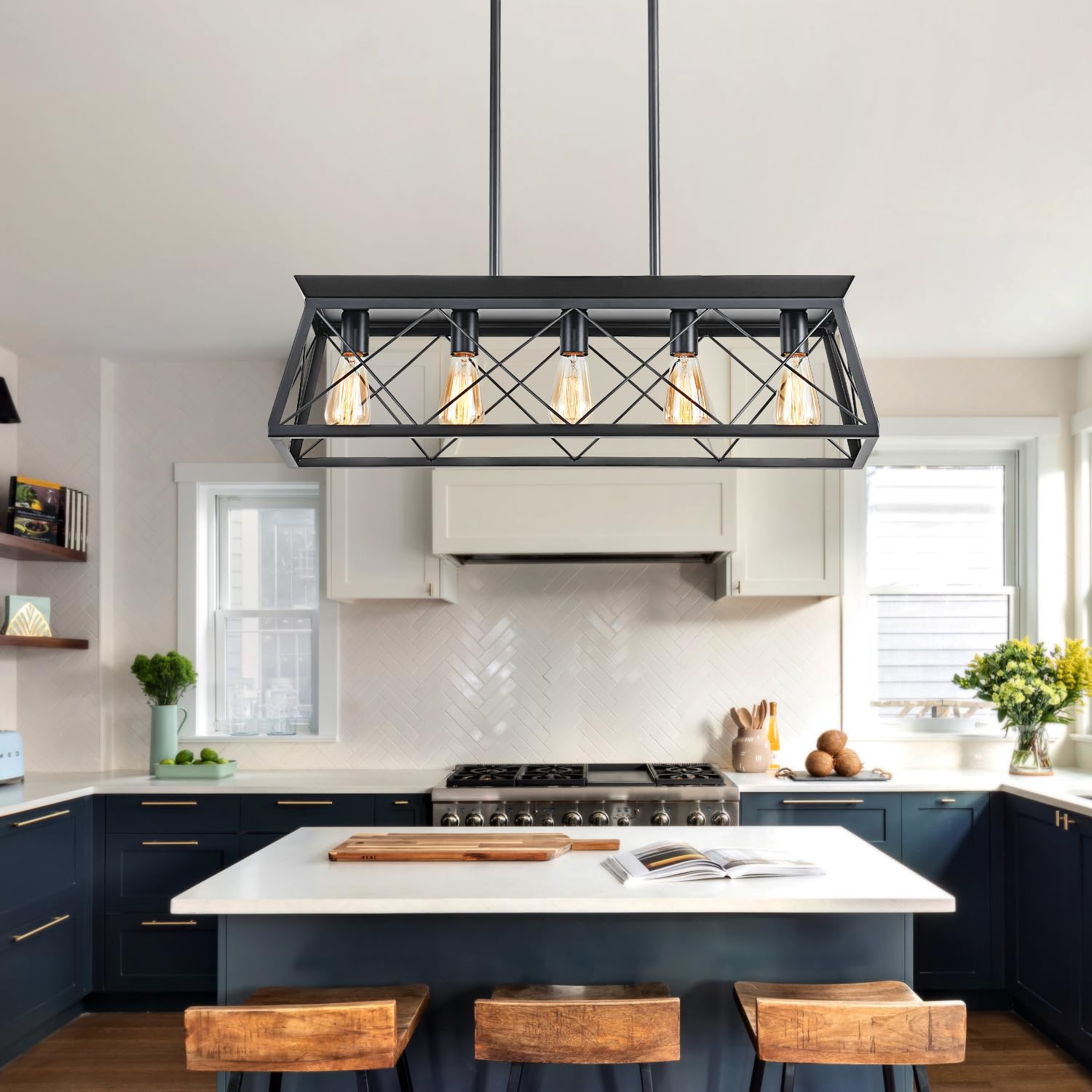 Huixute 5-Light Farmhouse Pendant Light For Dining Room, Rustic Kitchen Island Lighting, Adjustable Height Chandeliers For Kitch