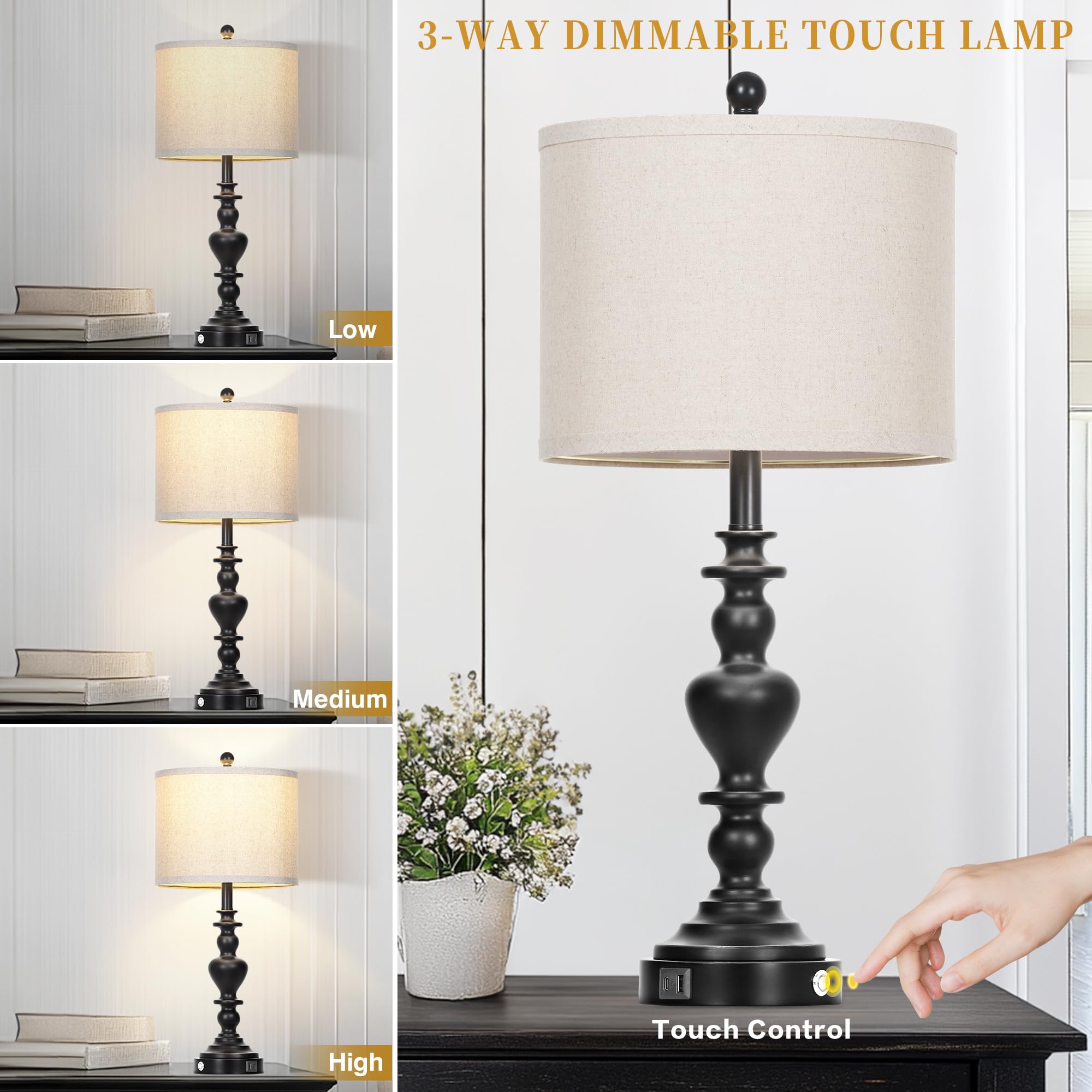 27'' Farmhouse Vintage Lamps Set Of 2 With Usb C+A Ports & Ac Outlets, Black Rustic Touch Control Table Lamp For Living Room, 3-