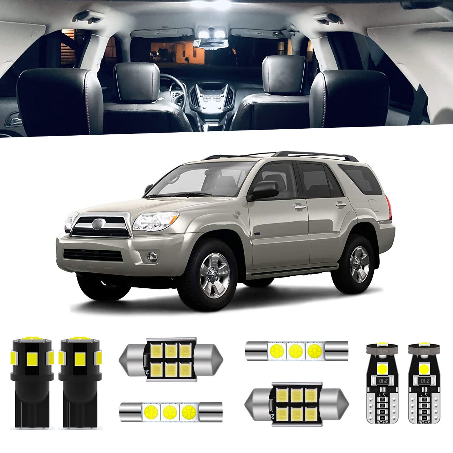 ENDPAGE 18-Pieces 4Runner LED Interior Light Kit Package for Toyota 4Runner 2003 2004 2005 2006 2007 2008 2009 White 6000K Interior LED Lighting Package + License Plate Lights, Install Tool