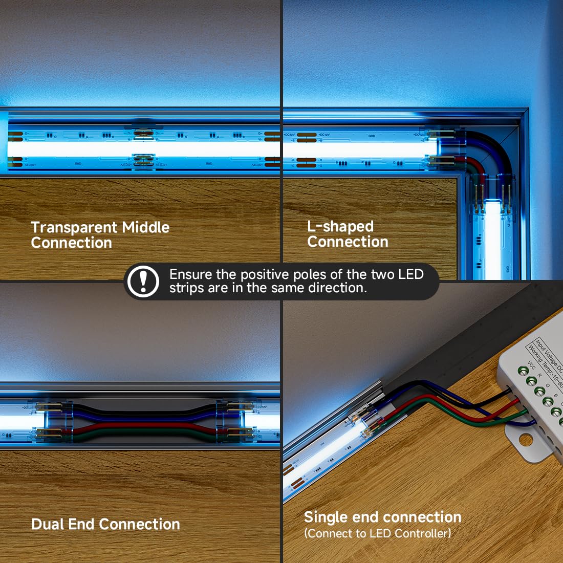 BTF-LIGHTING FCOB 10MM 4PIN Connector Kit for PWM RGB LED Strips, L-Shaped, Dual-End, Gapless, Multicolor