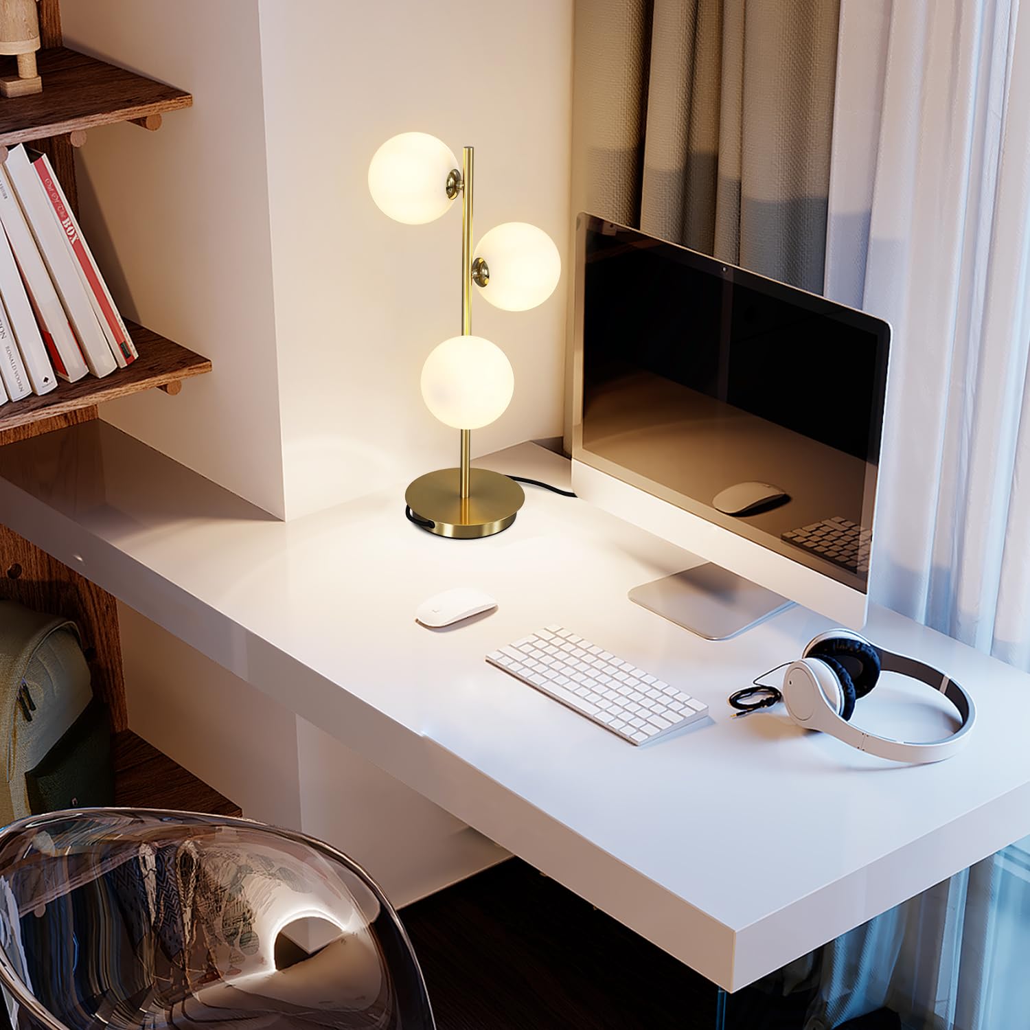 Fulesi Mid Century 3-Light Globe Table Lamp, Gold & White Glass, Modern Desk Lamp For Living Room