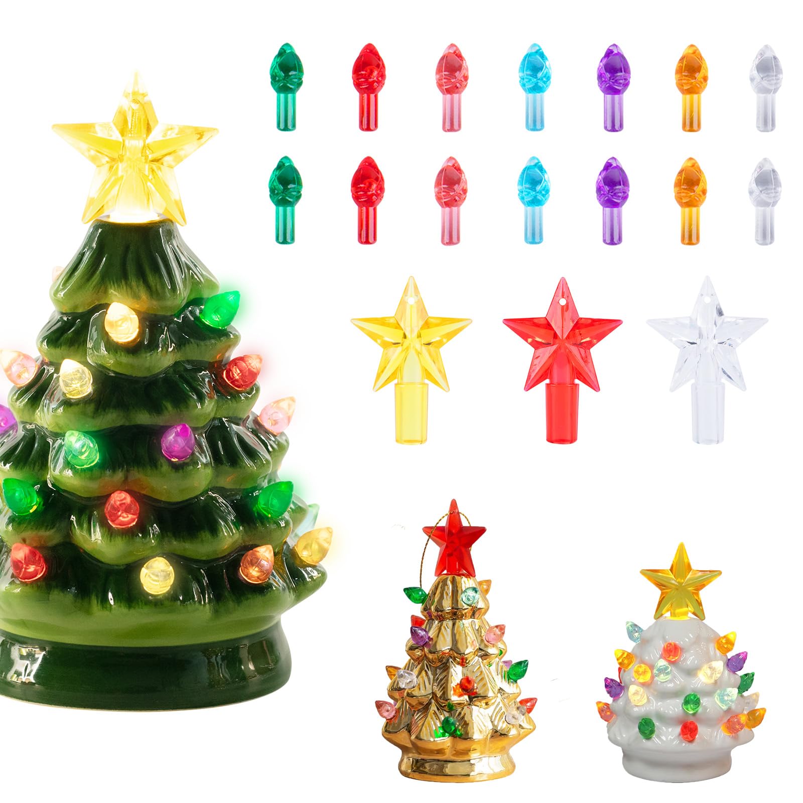 TechSense Ceramic Christmas Tree Replacement Light Bulbs, Multicolor, Medium, Plastic, 120Pcs + 3 Stars, Model TS-CTR