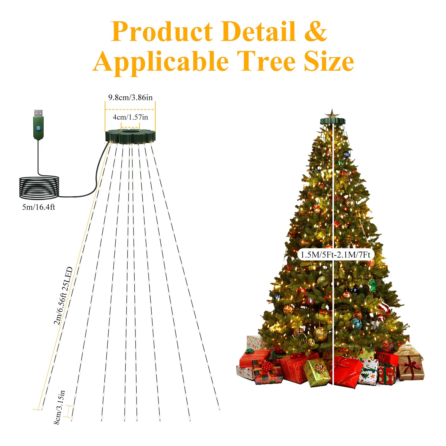 Btfarm Christmas Tree Lights With Remote  6.6Ft 400 Led Usb Plug In Fairy Xmas Light For 5-7Ft Tree Timer Waterproof Dimmable 8 Modes Cascading Twinkle String Light For Indoor Outdoor Decor Warm White