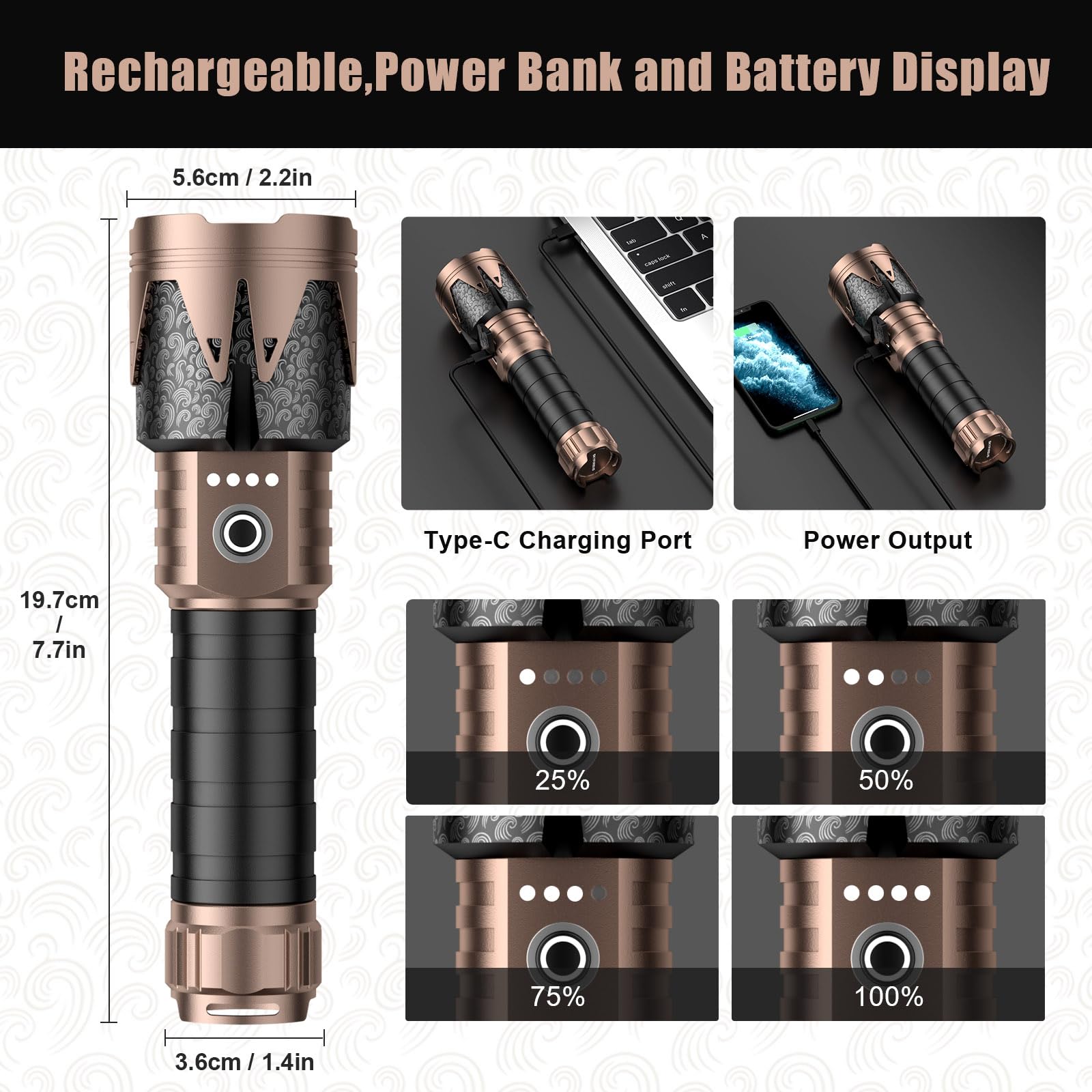 SKYFIRE LED Flashlight 5000mAh Rechargeable Tactical, Zoomable, Waterproof, Black and Gold, Model 2000J, 6 Modes for Camping and Outdoor Use