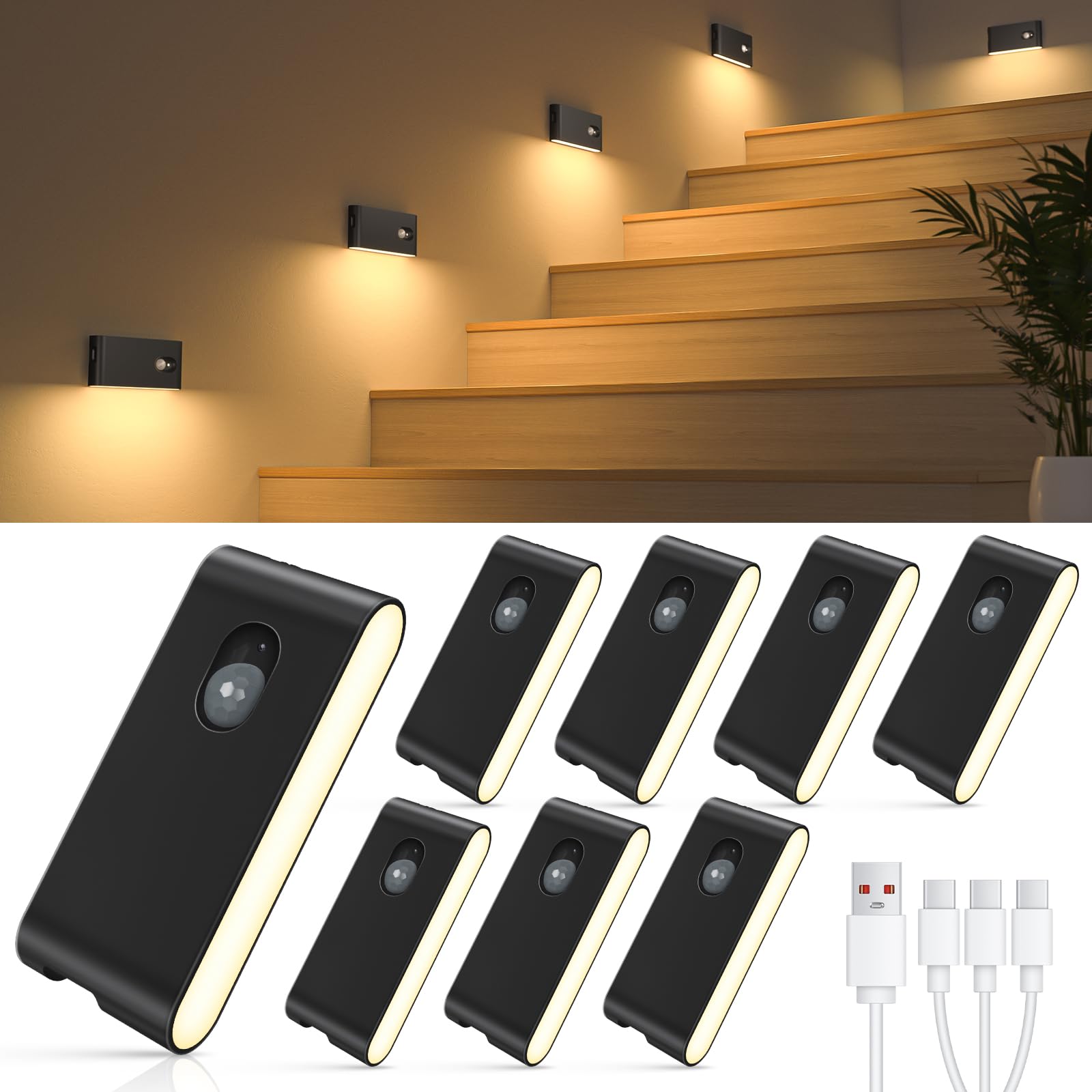 WILLED Stair Lights Indoor, Wireless Motion Sensor Light Indoor, Rechargeable Night Lights for Stairway, Hallway, Kitchen, Close