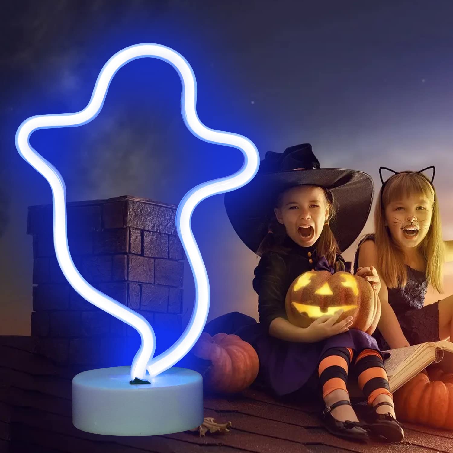 Ghost Neon Lights Halloween Decorations, Spooky Shape Neon Signs Night Lights Battery Operated/Usb For Gothic, Wall Party Christmas Decor-Ghost With Holder Base(Green)