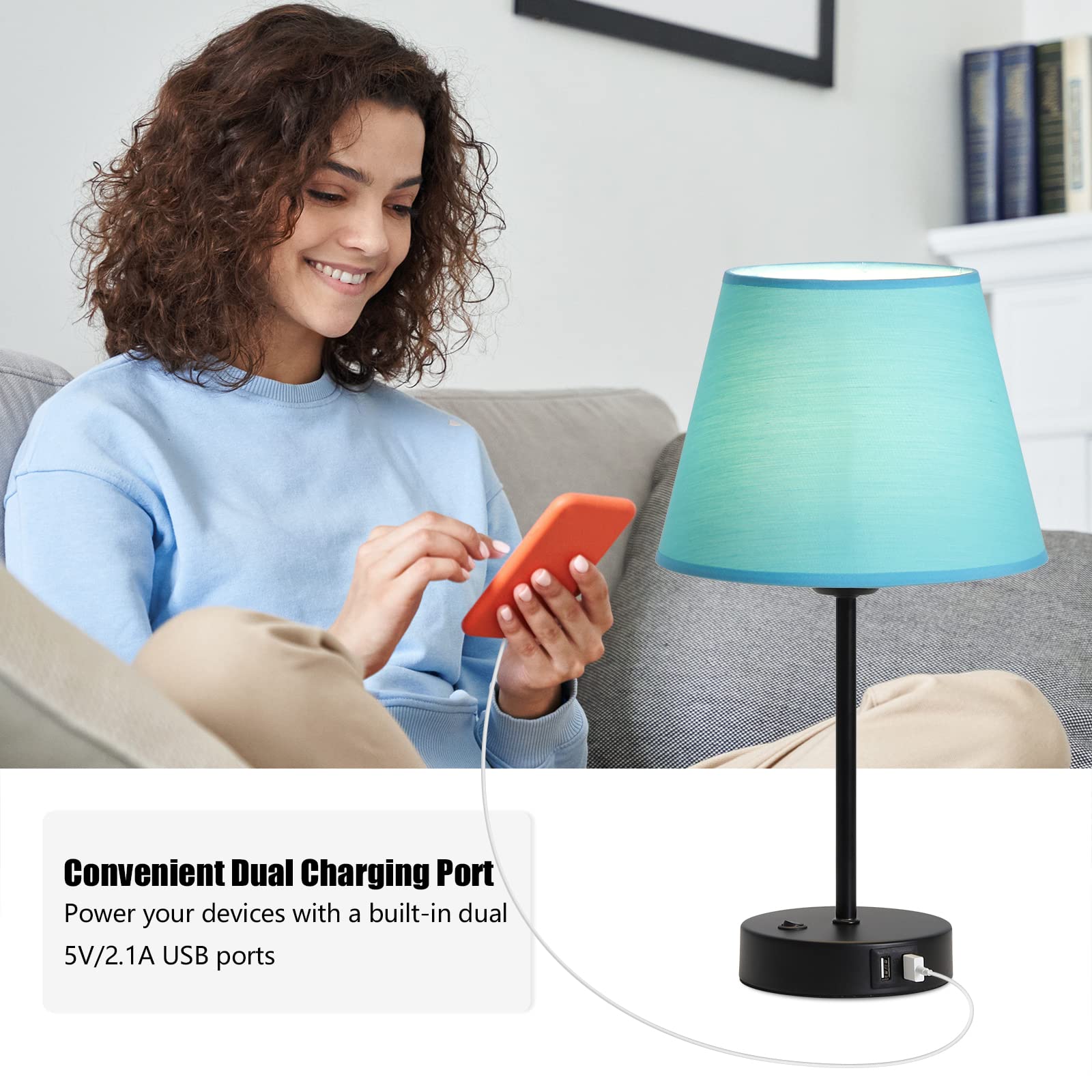 Js Nova Juns Set Of 2 Table Lamps With Usb Ports, Bedside Nightstand Lamps With Blue Fabric Shade For Bedroom Living Room Study