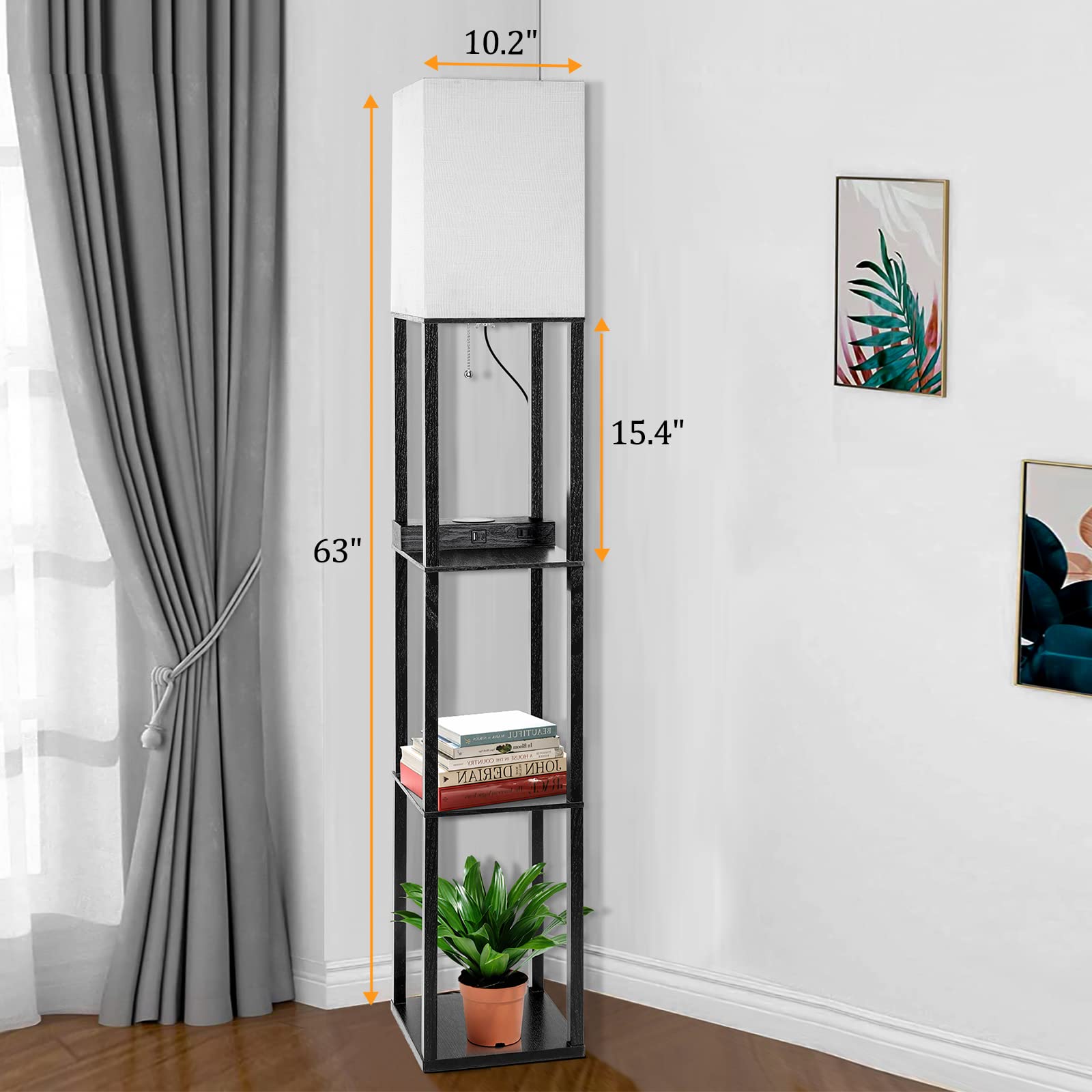 Dott Arts Floor Lamp with Shelves, Wireless Charger, USB Ports, 2 AC Outlets, 10.2in Wide, Black, Model WLM1600-FLA-8W-
