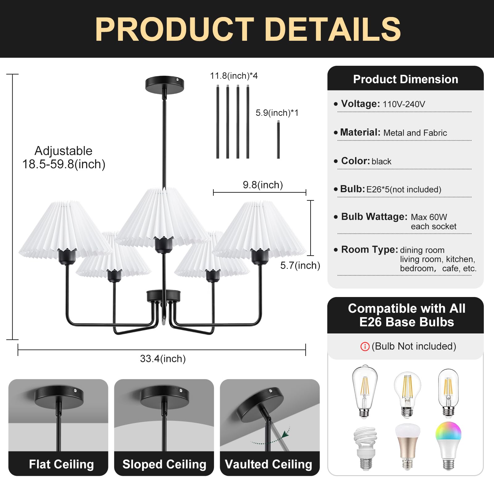 Fiyueoyi 5-Light Black Chandeliers, Modern Chandelier With White Pleated Fabric Shades, Dining Room Light Fixtures For Living Ro