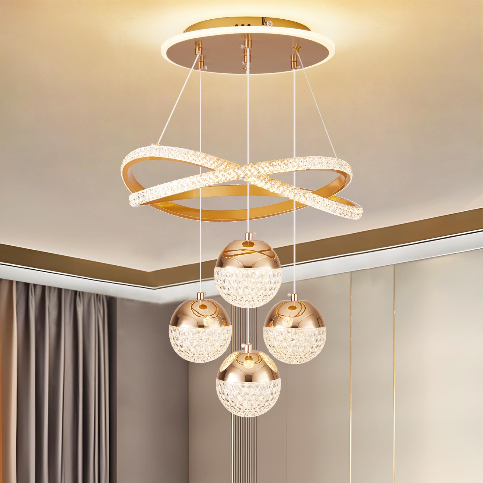 Modern Gold LED Chandeliers, 3-Color Dimmable Pendant Light for Kitchen Island, Dining Room, Living Room, Contemporary Hanging C