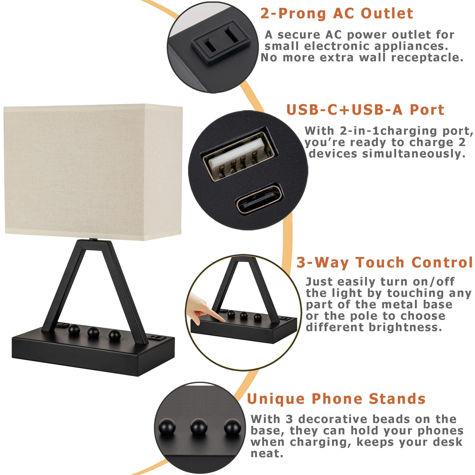 Briever Usb C Touch Control Table Lamp, 3-Way Dimmable Desk Lamp With Usb C & Usb A And Ac Outlet, Bedside Lamp With Phone Stand And Fabric Shade For Bedroom, Living Room, Bulb Included, Silver