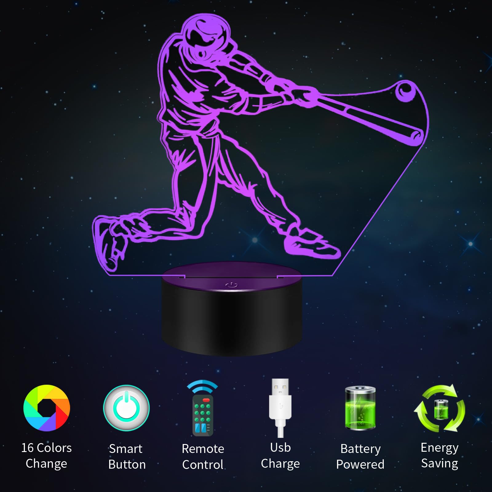 Bassi Gifts 3D Night Light,16 Colors Changing Touch/Remote Contro, Baseball 3D Illusion Lamp, Birthday Christmas Gifts For Boys