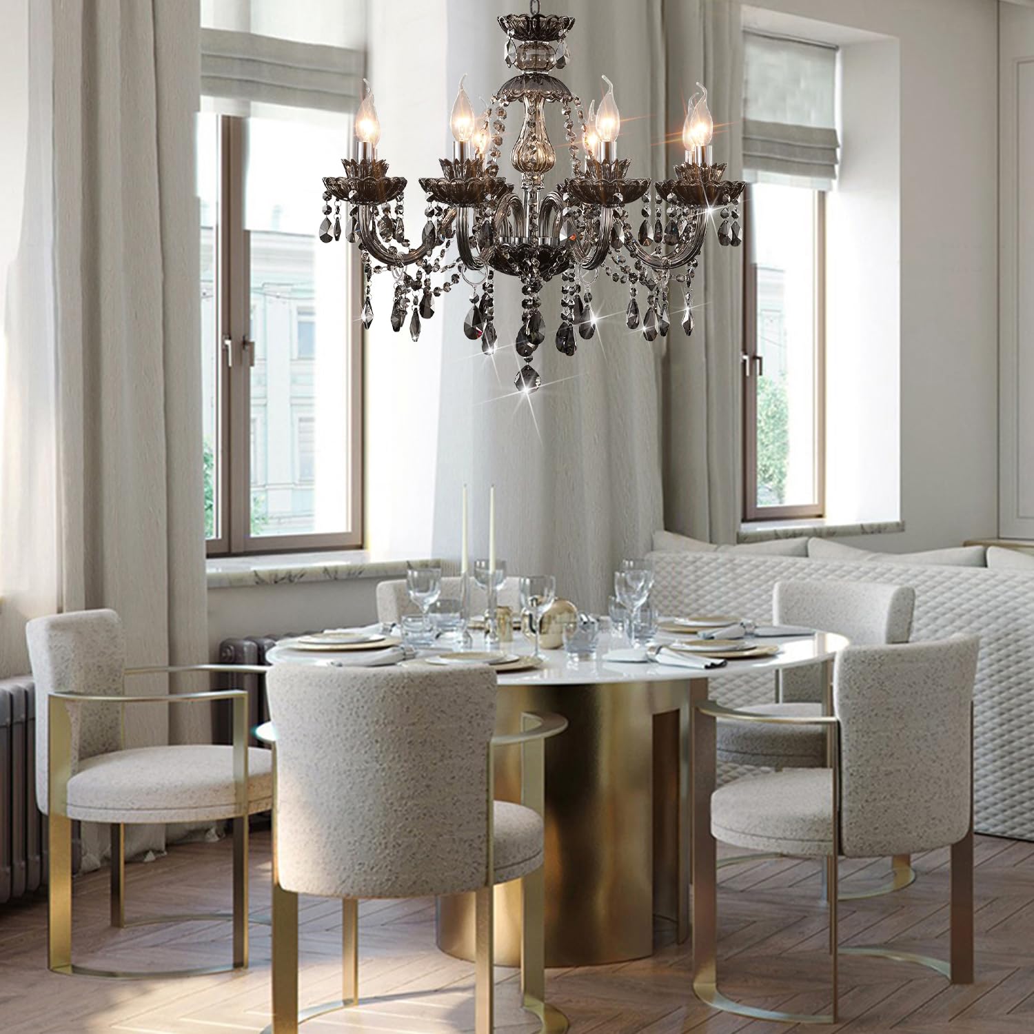 Luxurious Smoky Gray Crystal Chandelier For Living Room, Antique 6-Lights Teardrop Candle Chandelier Pendant Ceiling Lighting Fi